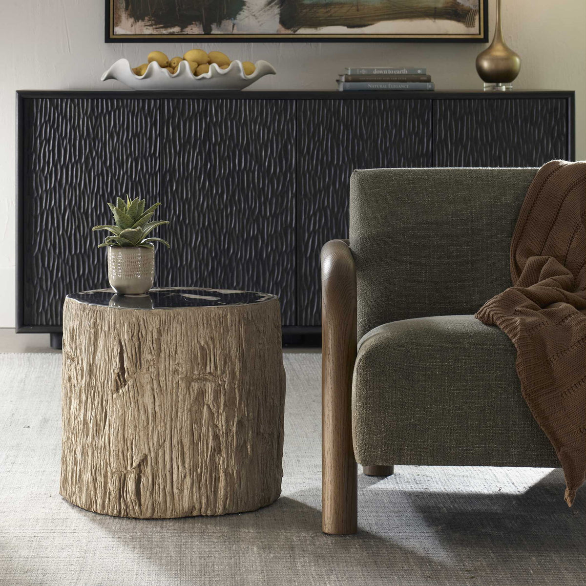 Arco - Petrified Wood Top Accent Table - Black / White