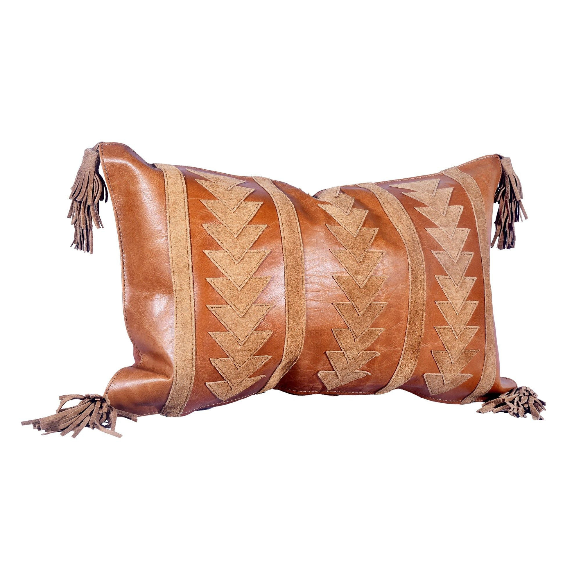 Genuine Leather - Genuine Leather &amp; Suede Arrow Tasseled Lumbar Pillow - Tan