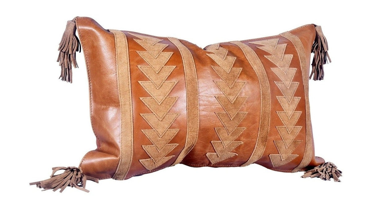 Genuine Leather - Genuine Leather & Suede Arrow Tasseled Lumbar Pillow - Tan