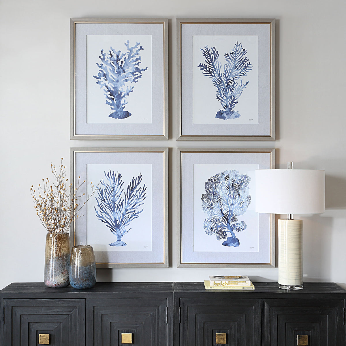 Shibori Coral - Framed Prints (Set of 4) - Light Gray