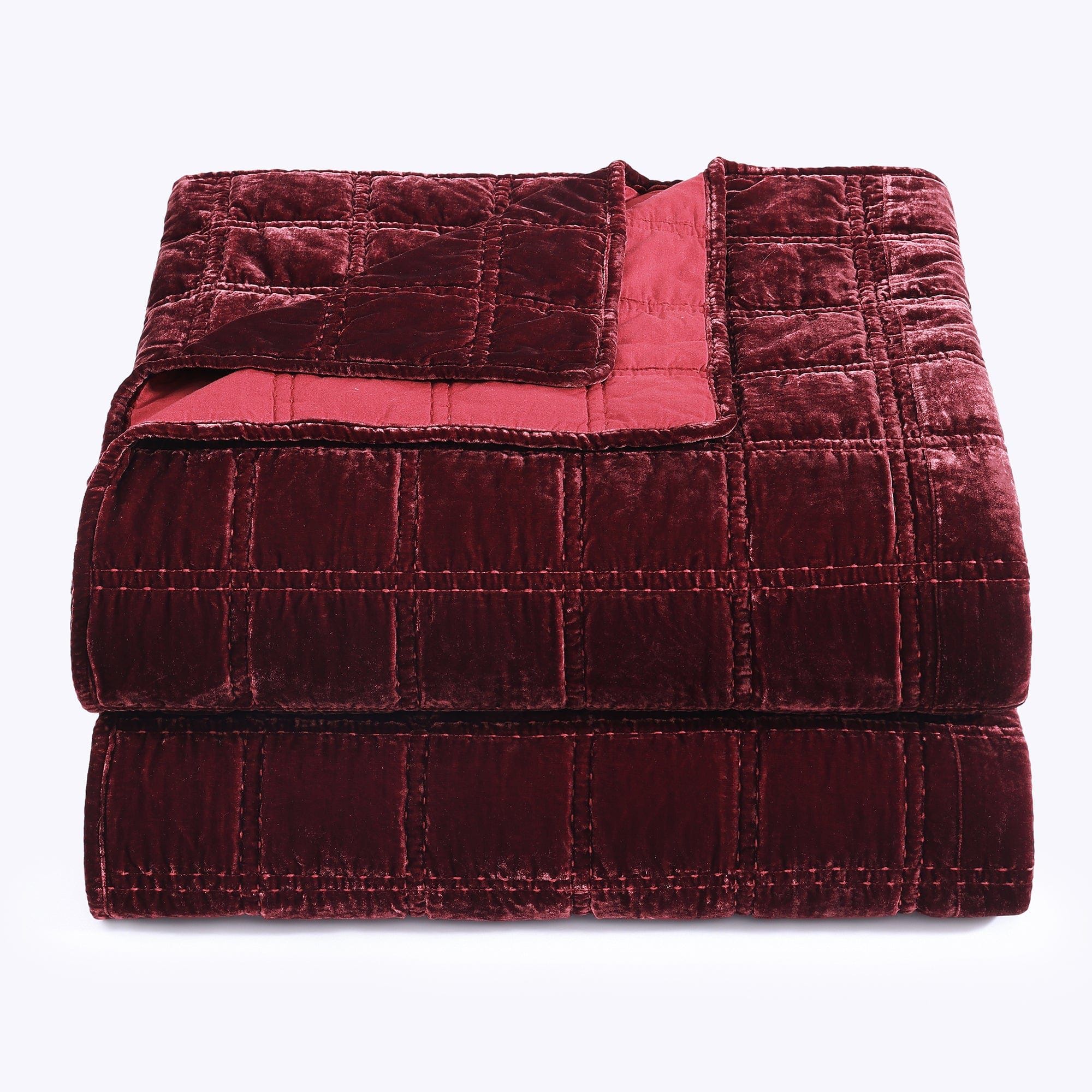 Stella - Full/Queen Faux Silk Velvet Double Box Stitch Quilt Set (Set of 3) - Garnet Red