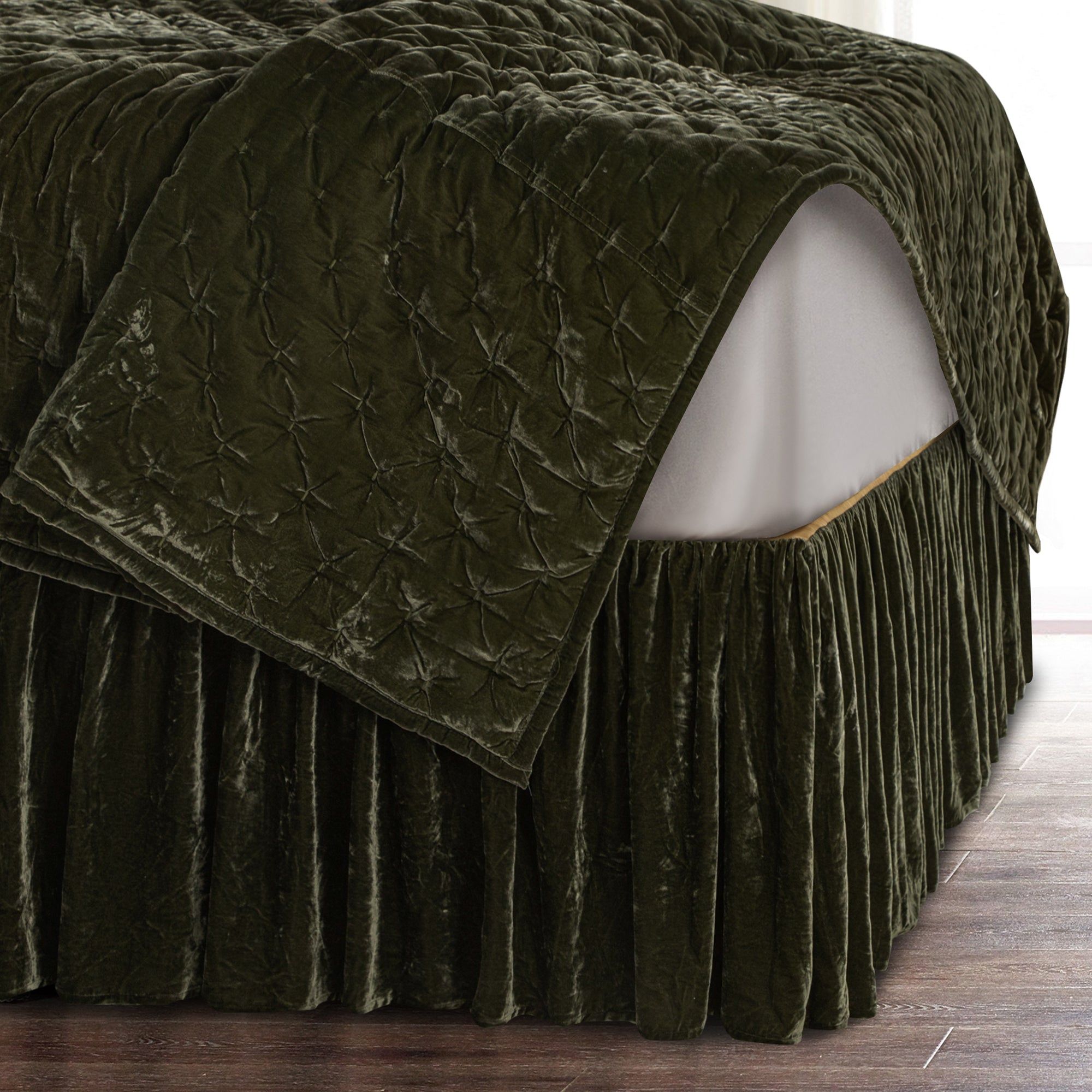 Stella - Queen Faux Silk Velvet Bed Skirt - Fern Green