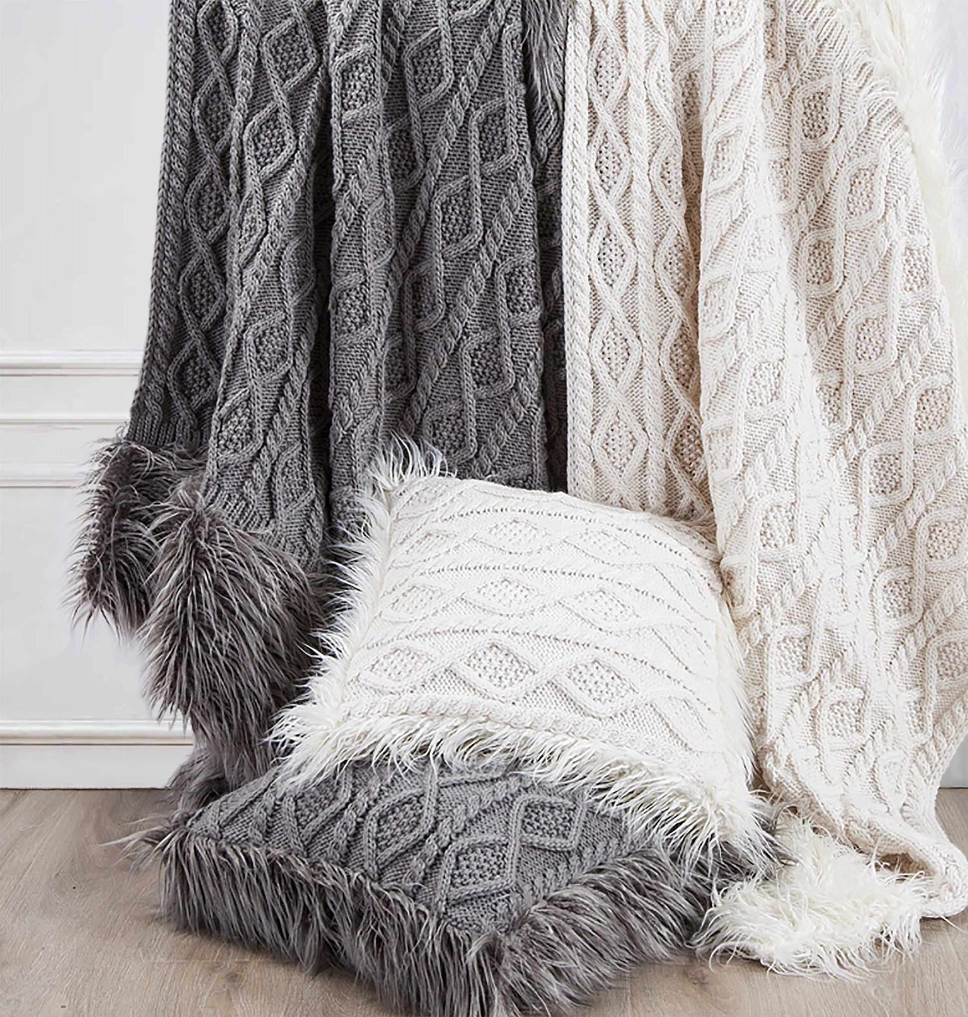 Nordic - Cable Knit &amp; Mongolian Fur Oversized Throw Blanket - Gray