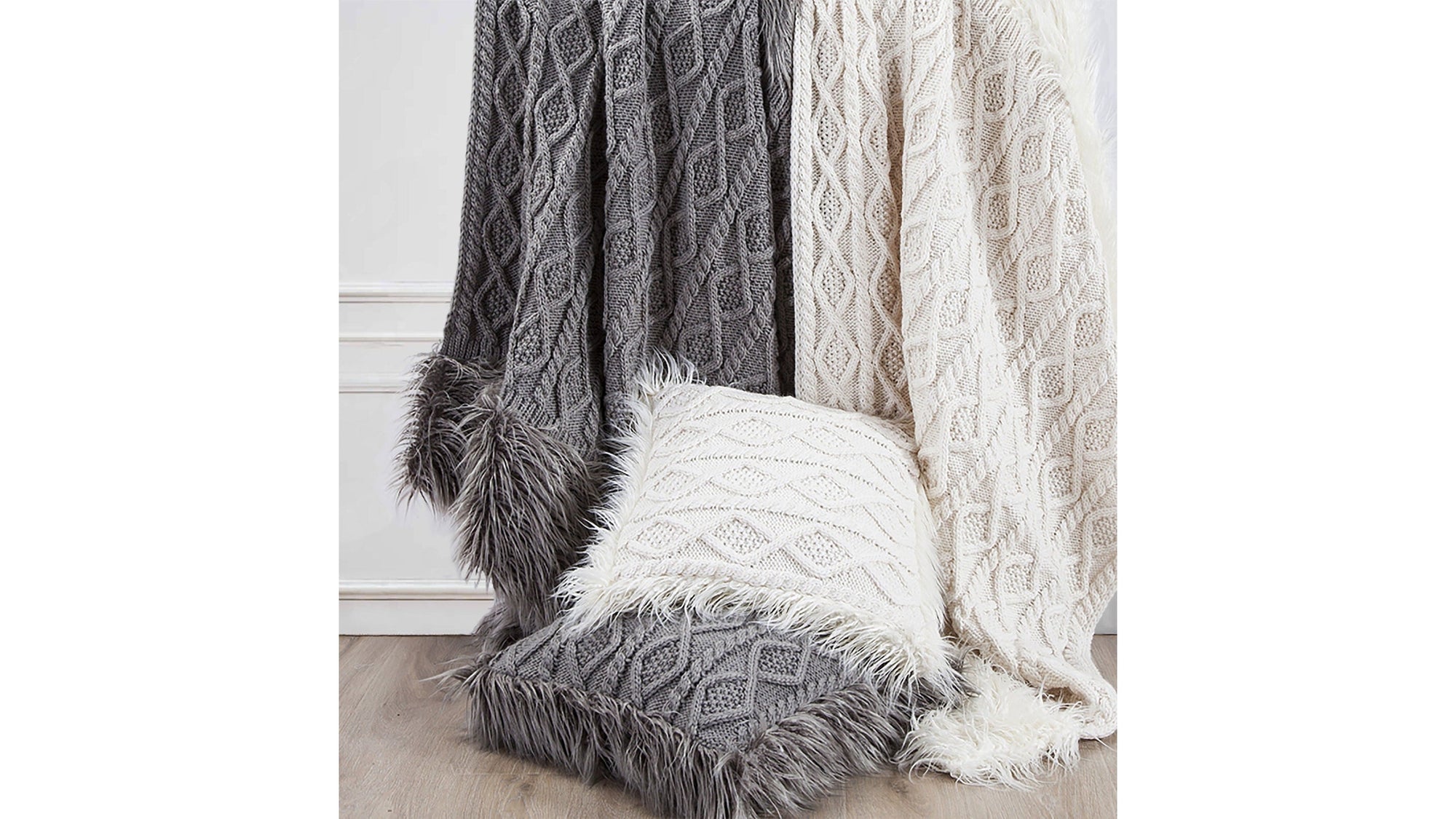 Nordic - Cable Knit &amp; Mongolian Fur Oversized Throw Blanket - Gray