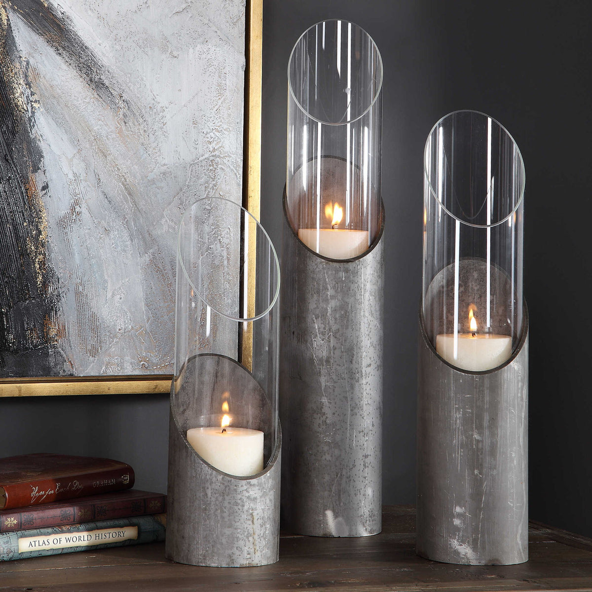 Karter - Iron &amp; Glass Candleholders (Set of 3) - Silver &amp; Dark Gray