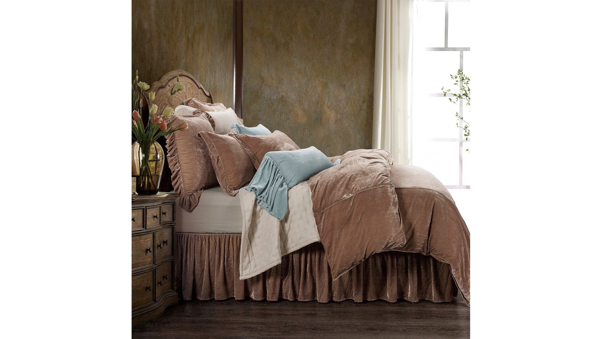 Stella - Queen Faux Silk Velvet Duvet Cover Set Set of 3 - Dusty Rose