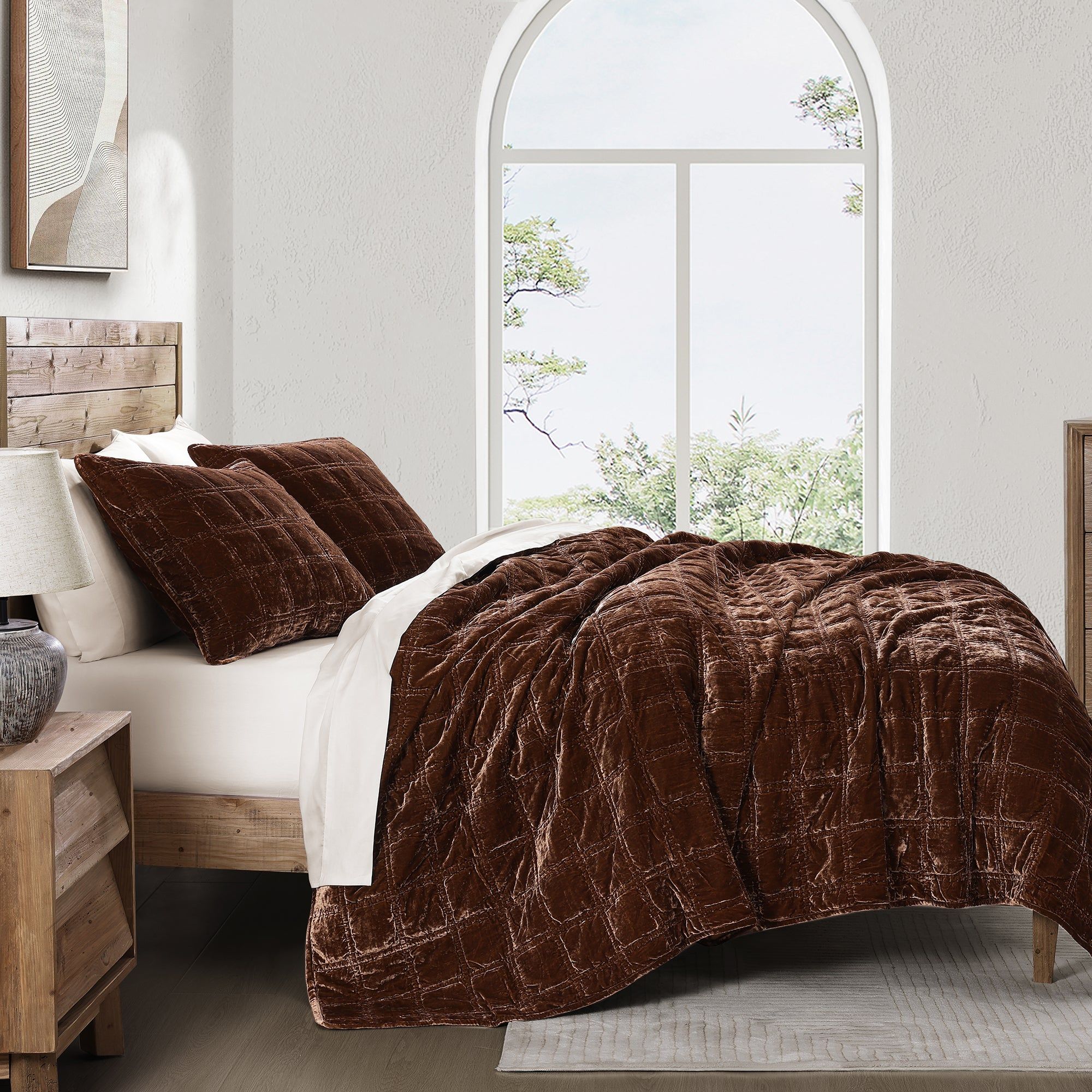 Stella - Full/Queen Faux Silk Velvet Double Box Stitch Quilt Set (Set of 3) - Copper Brown