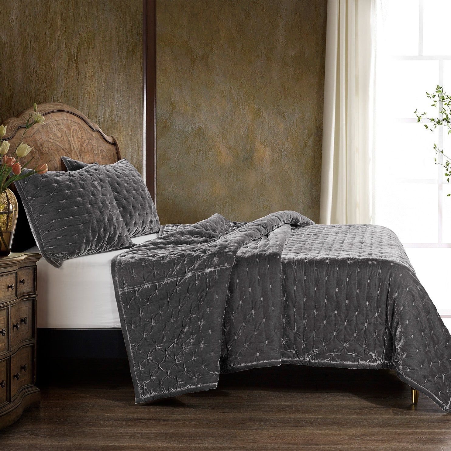 Stella - King Faux Silk Velvet Pintuck Quilt - Dark Slate