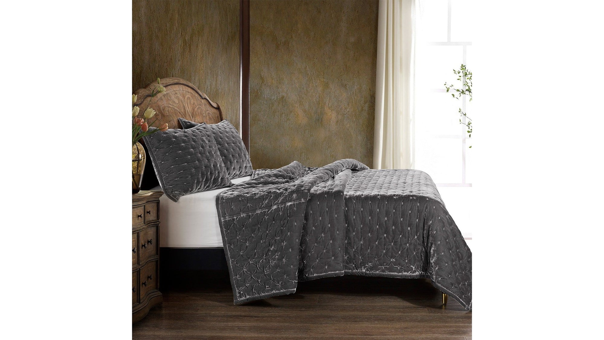 Stella - King Faux Silk Velvet Pintuck Quilt - Dark Slate