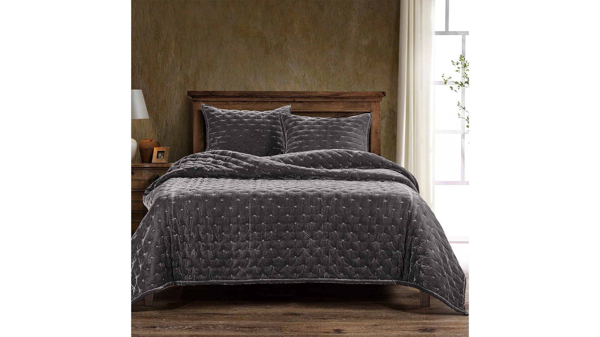 Stella - Full/Queen Faux Silk Velvet Pintuck Quilt Set Set of 3 - Dark Slate