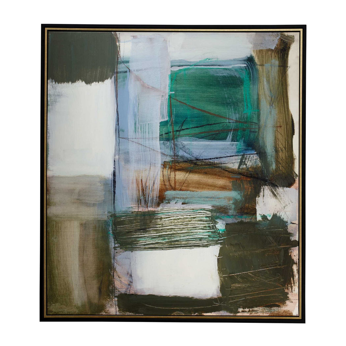 Green Fields - Framed Abstract Canvas - Black / Blue / Green / Orange / White / Yellow