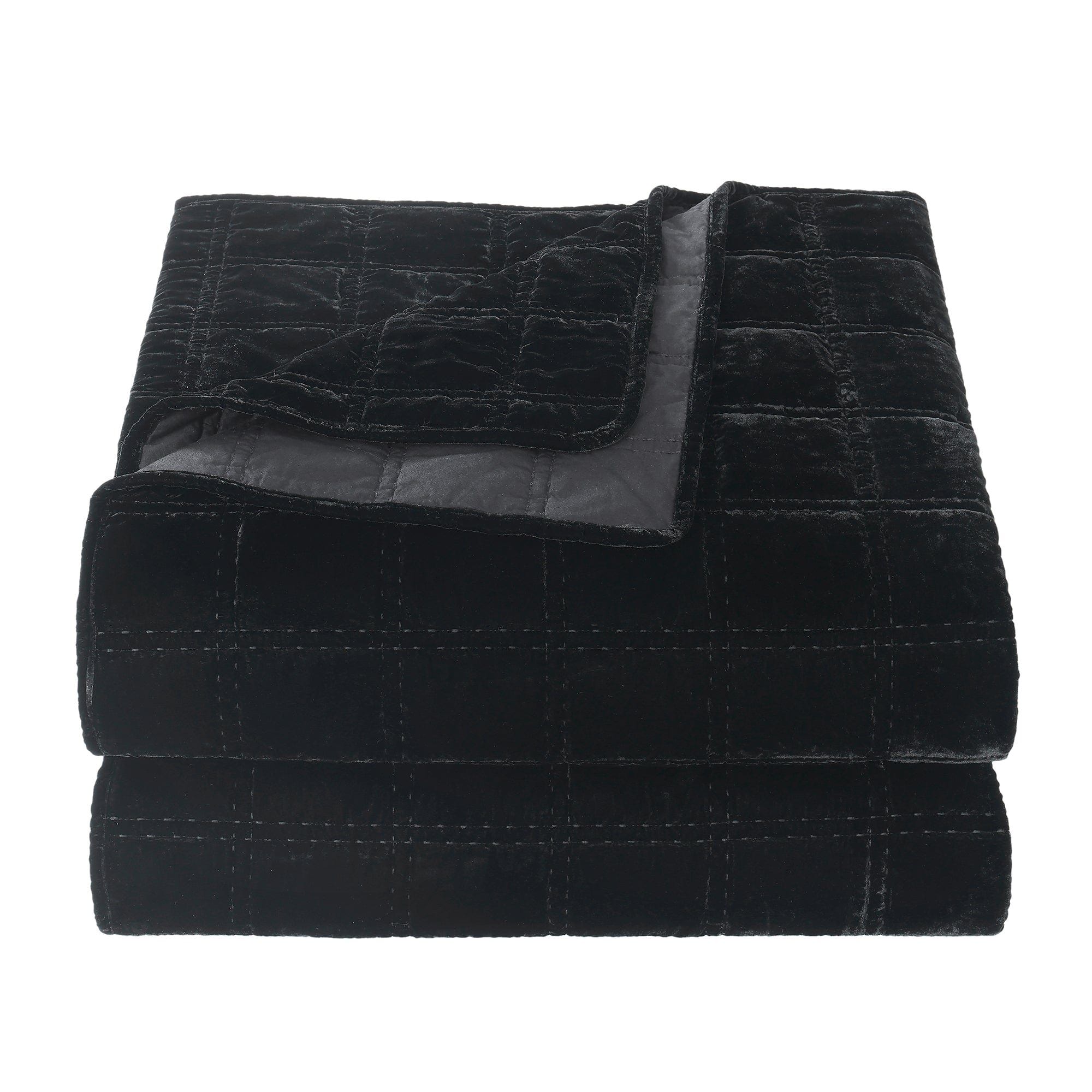 Stella - King Faux Silk Velvet Double Box Stitch Quilt Set (Set of 3) - Black