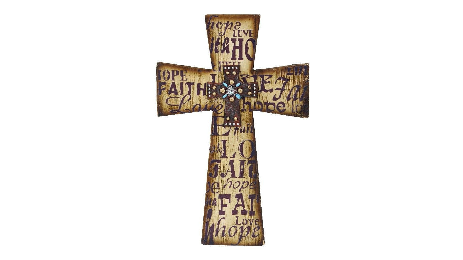 Cross - 15" x 10" Layered Cross Faith, Love, Hope Wall Décor 4 Per Carton - Cream / Brown