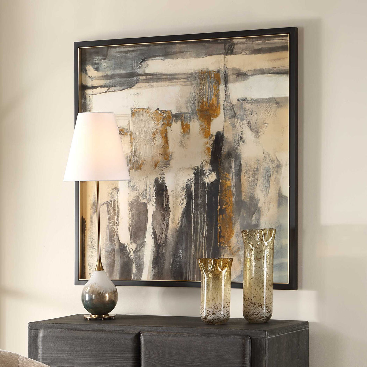 Landslide - Framed Abstract Print - Black / Brass / Gold / Gray / Orange / White / Yellow