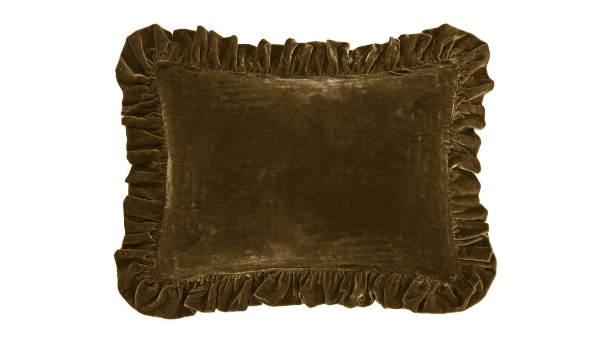Stella - Faux Silk Velvet Ruffled Dutch Euro Pillow - Green Ochre
