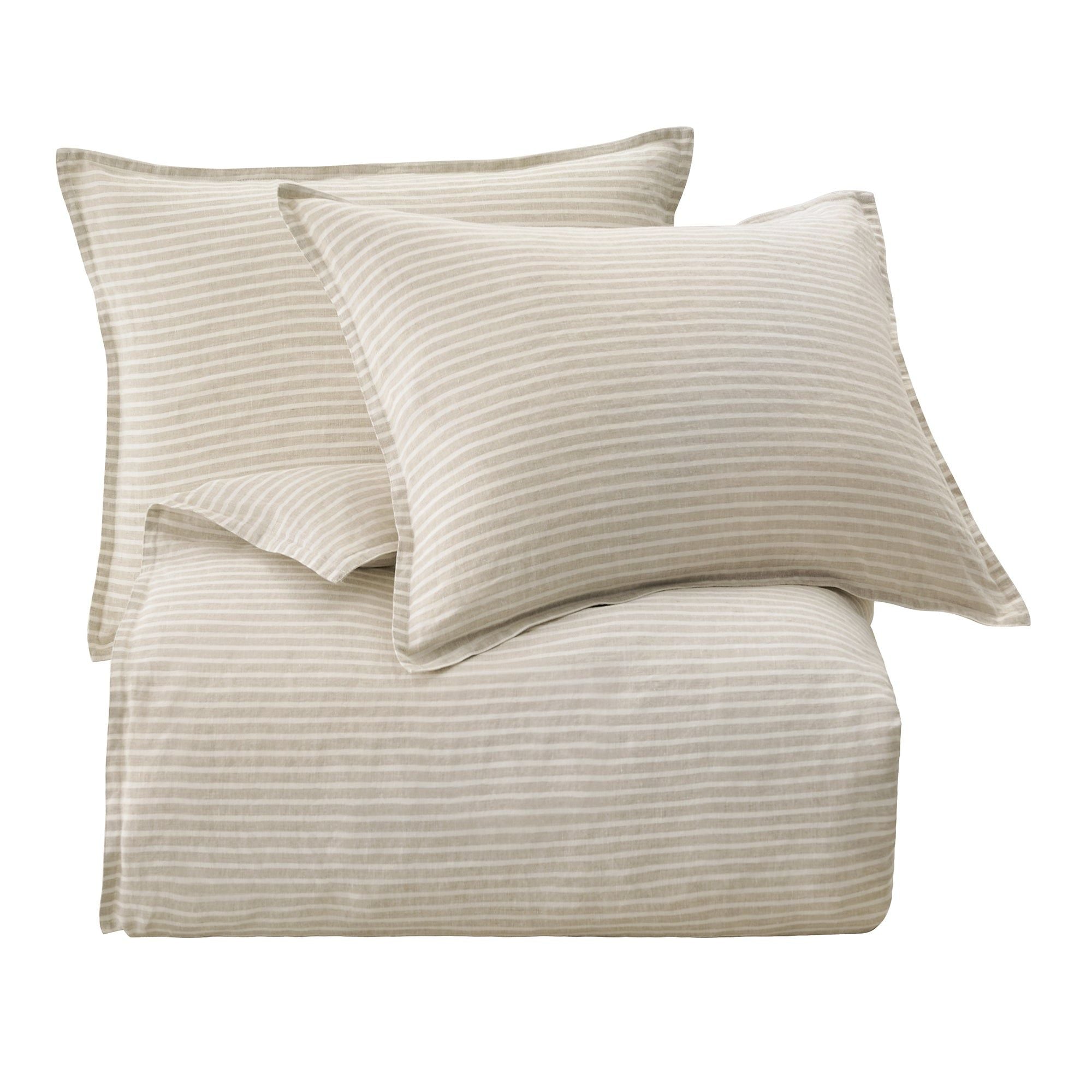 100% French Flax Linen - Queen Railroad Stripe Duvet Cover Set (Set of 3) - Natural