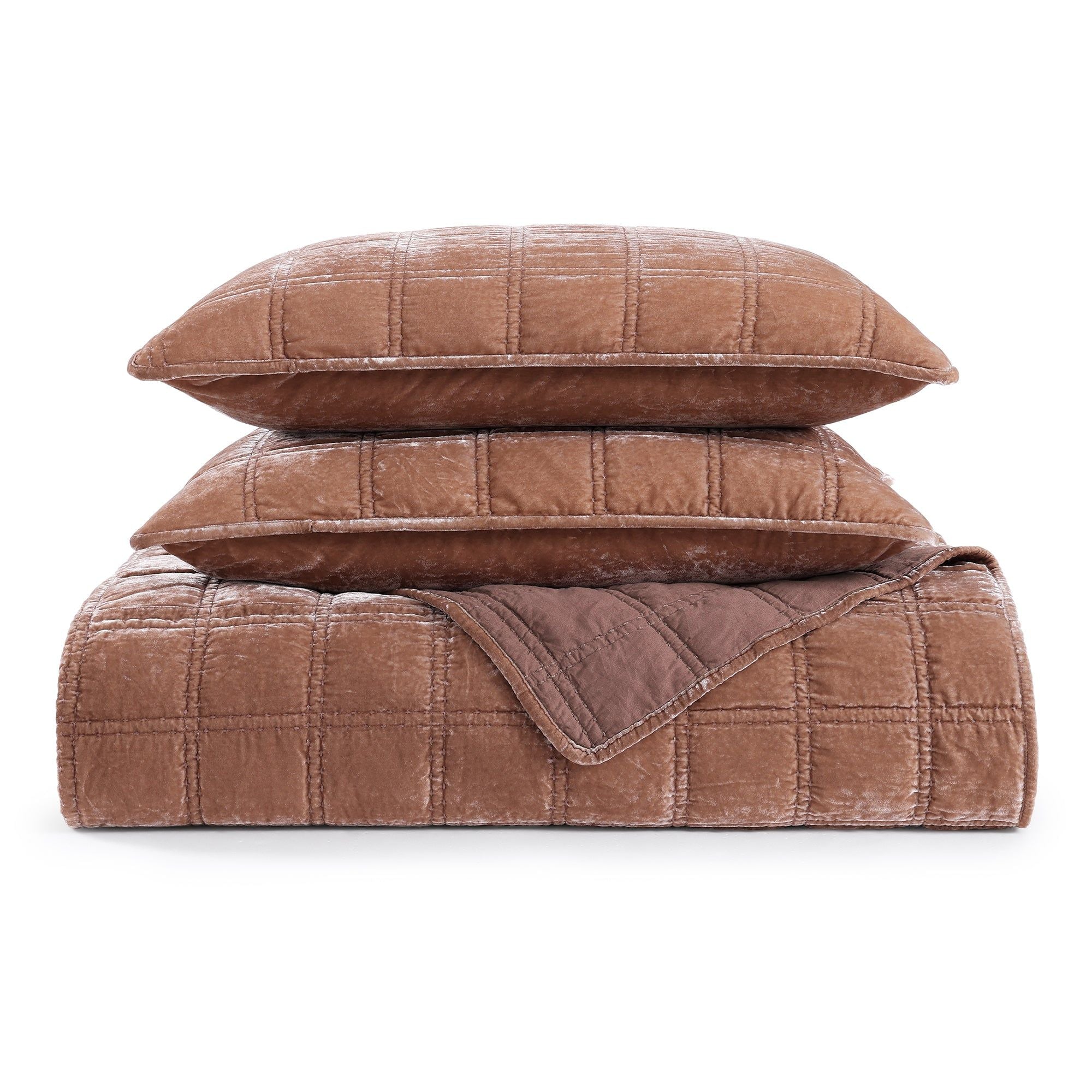Stella - Full/Queen Faux Silk Velvet Double Box Stitch Quilt Set (Set of 3) - Dusty Rose