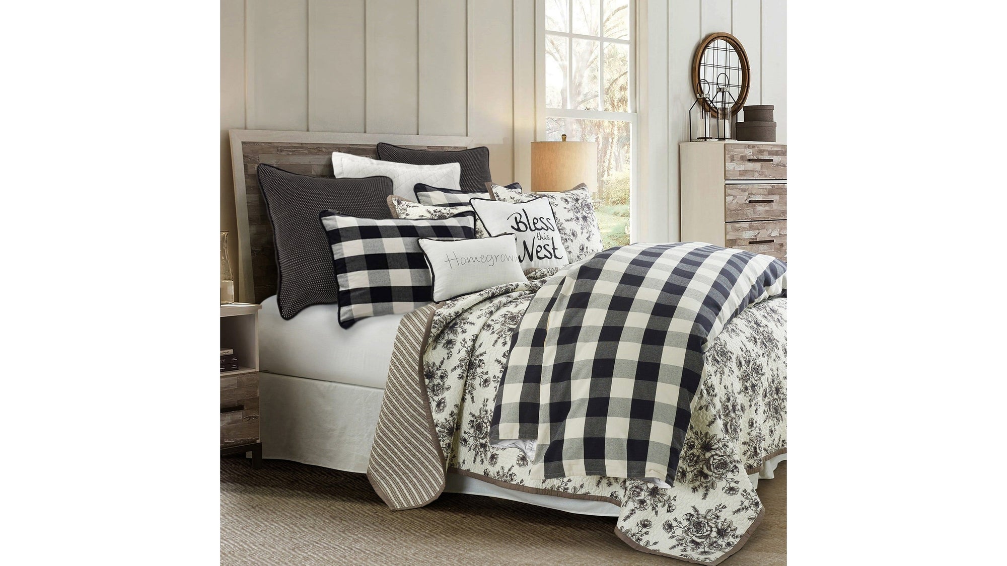 Camille - Full Buffalo Check Comforter Set Set of 3 - Black / Natural