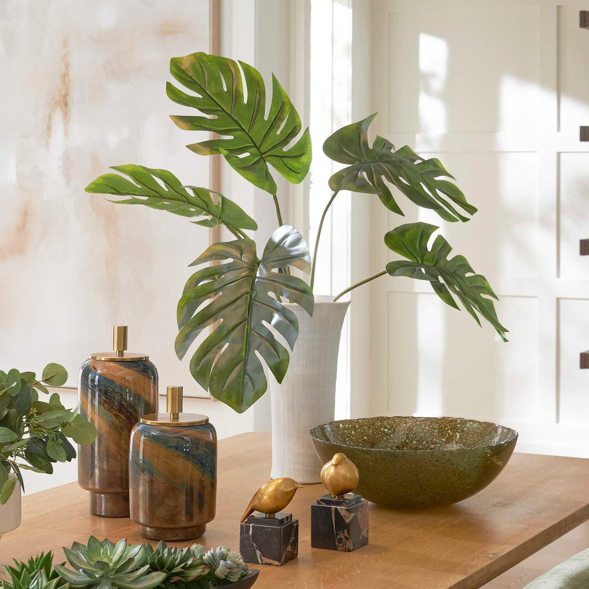 Muse - Monstera Vase Centerpiece - Green / White