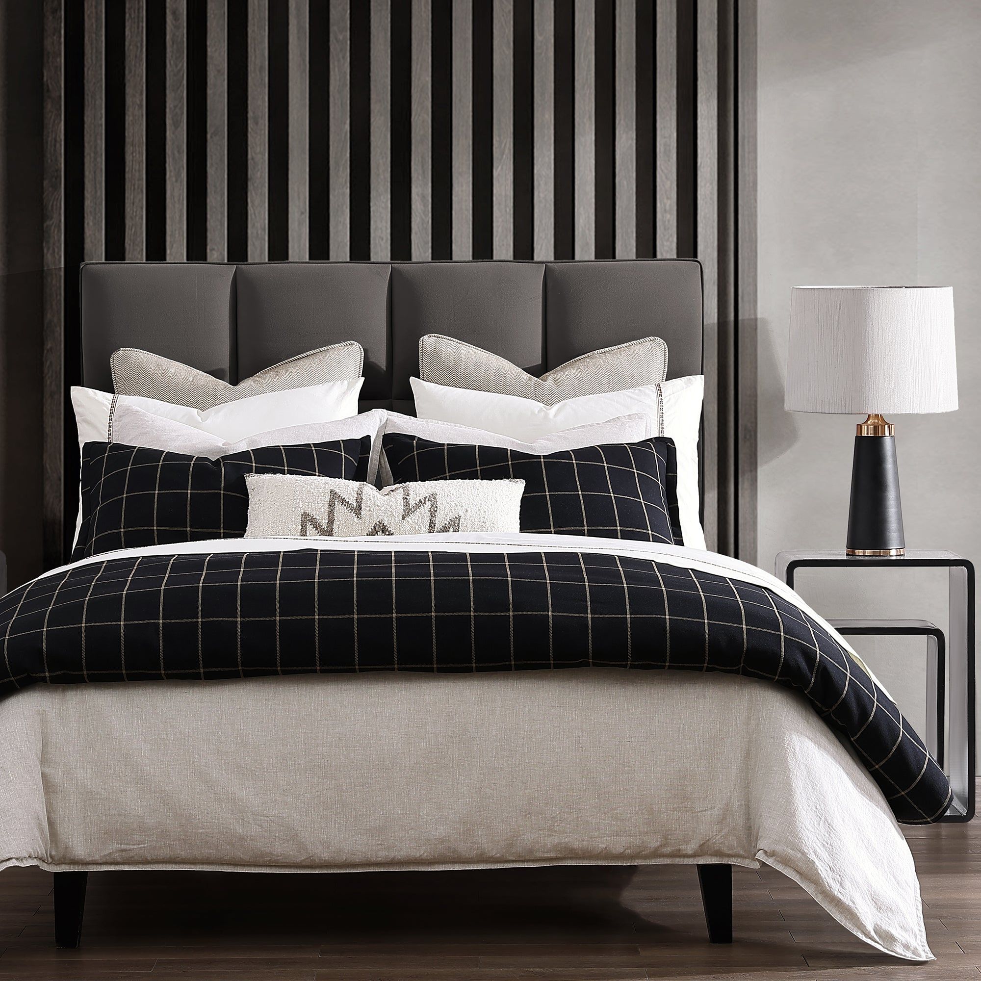 Windowpane - King Plaid Duvet Cover Set (Set of 3) - Black