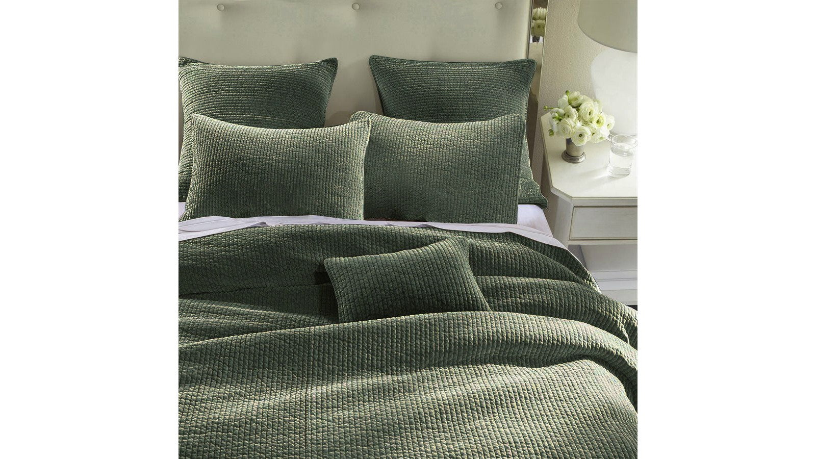 Stonewashed Cotton Velvet - King Quilt Set Set of 3 - Fern Green