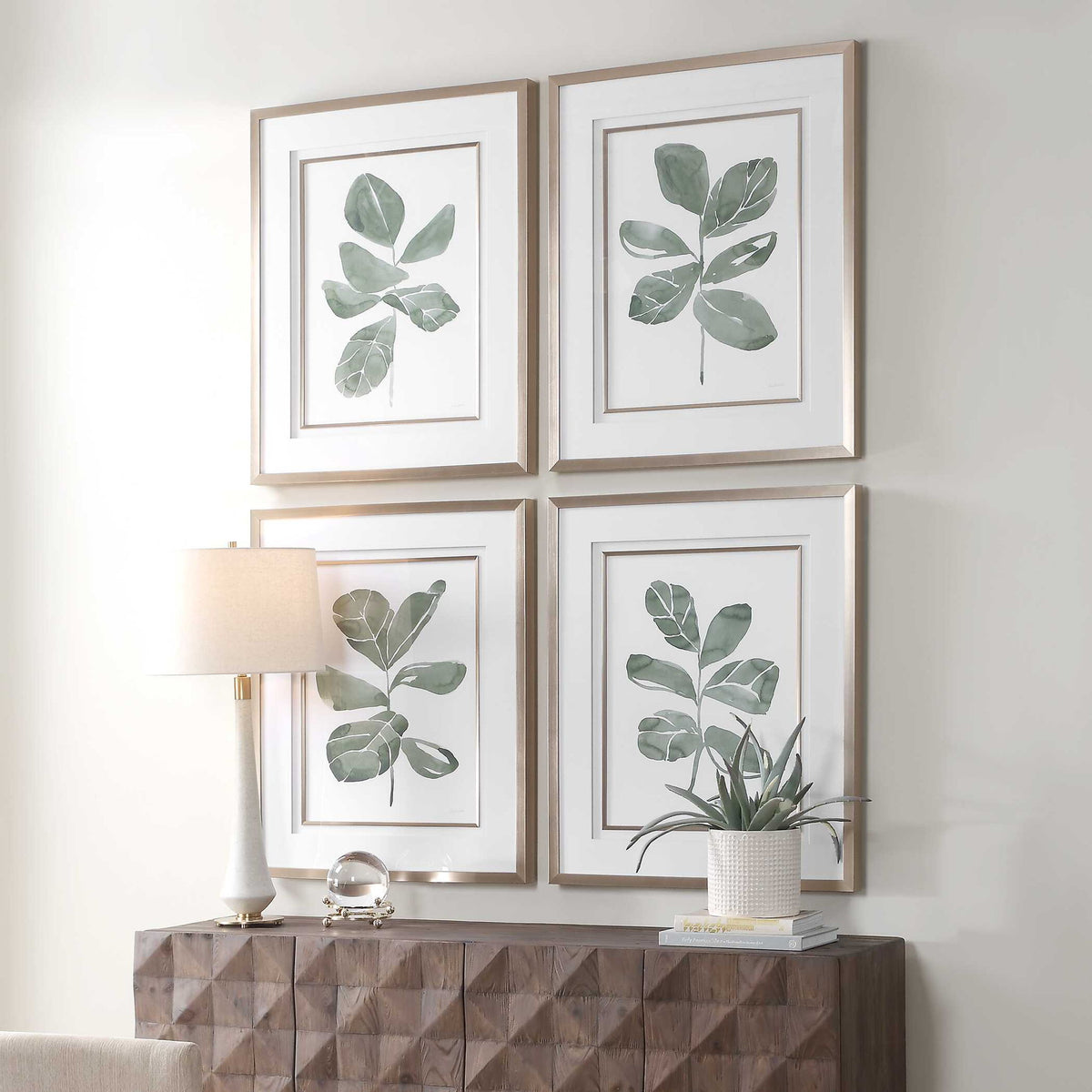 Fiddle Head - Leaf Botanical Prints (Set of 4) - Gold / Green / White