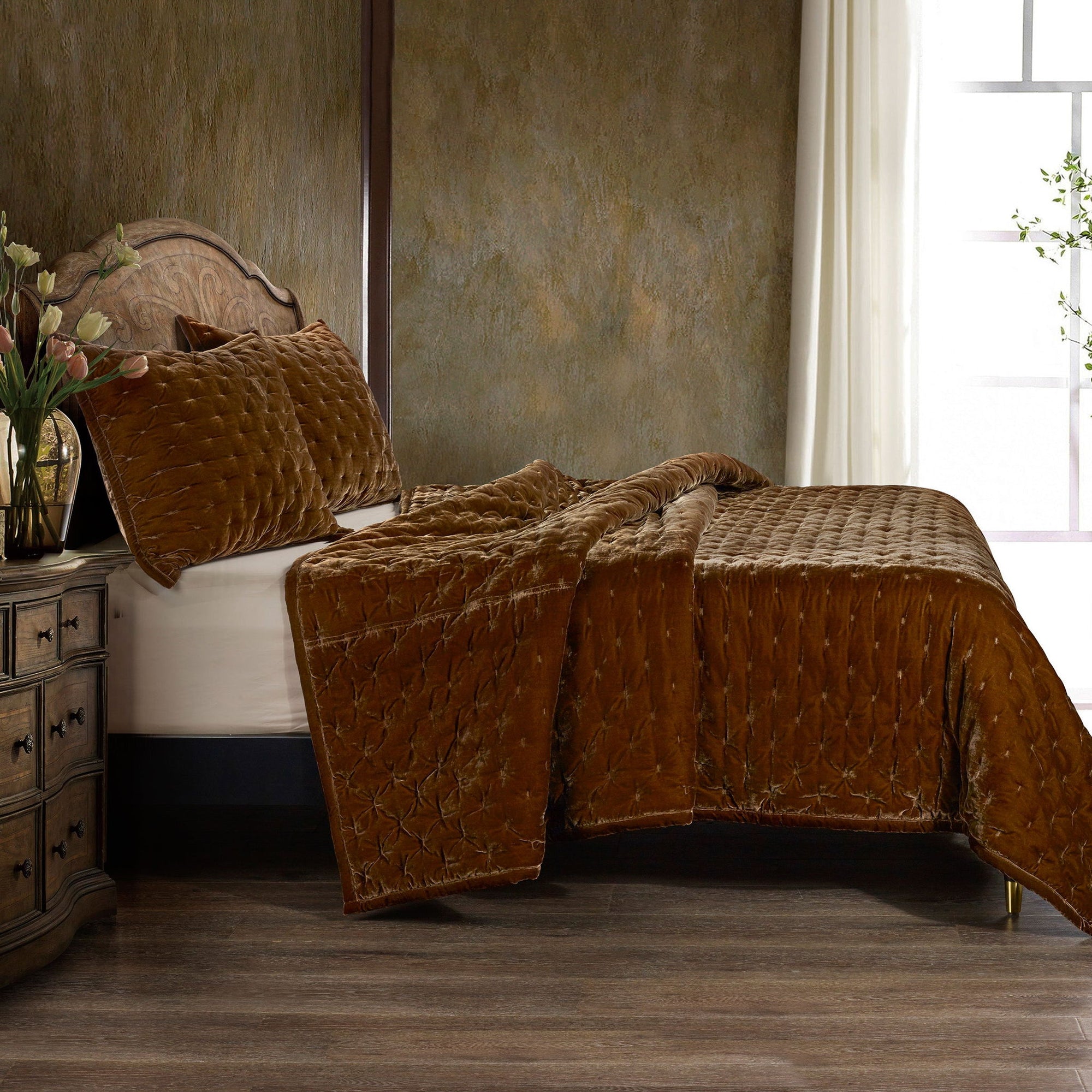 Stella - King Faux Silk Velvet Pintuck Quilt Set (Set of 3) - Copper Brown