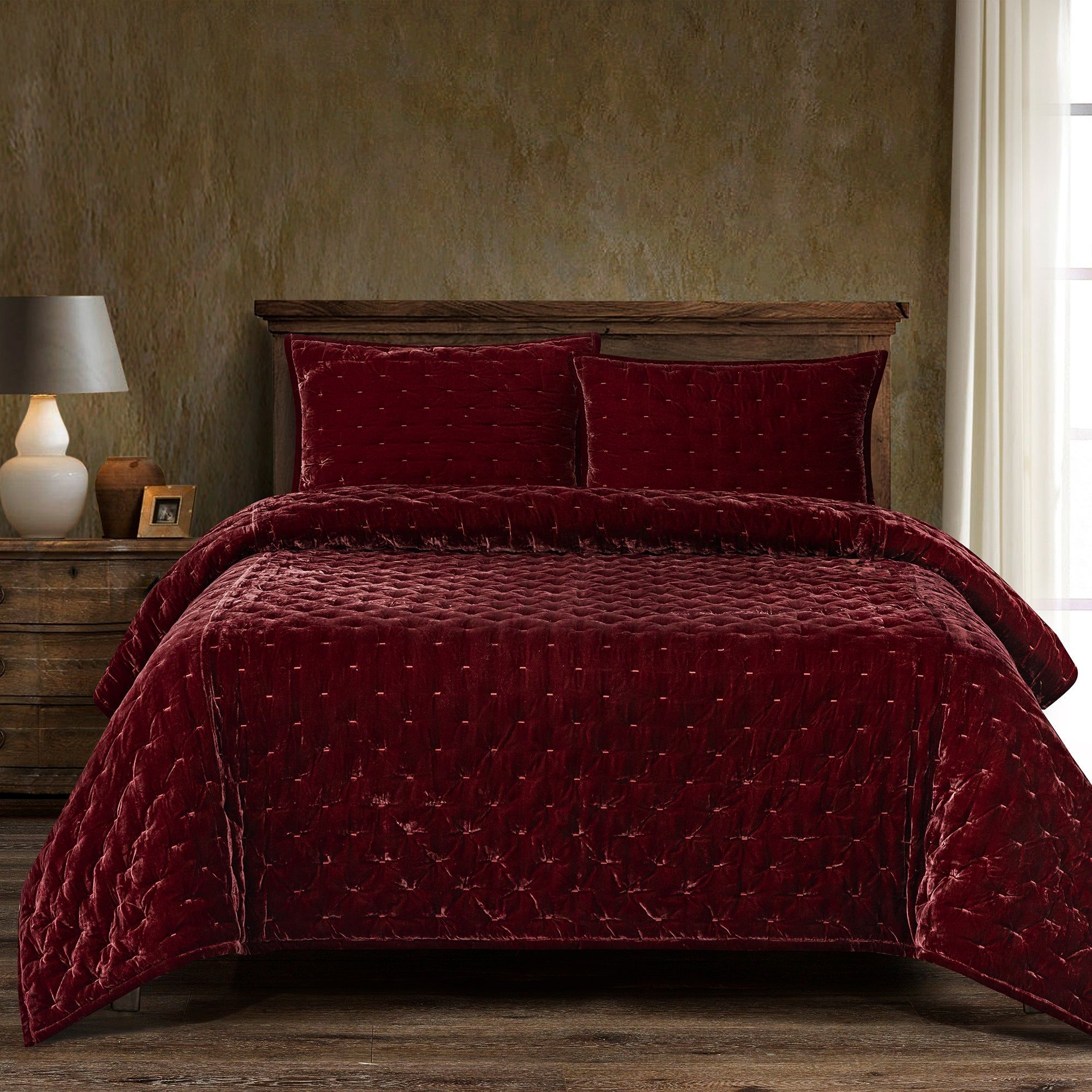 Stella - King Faux Silk Velvet Pintuck Quilt Set (Set of 3) - Garnet Red