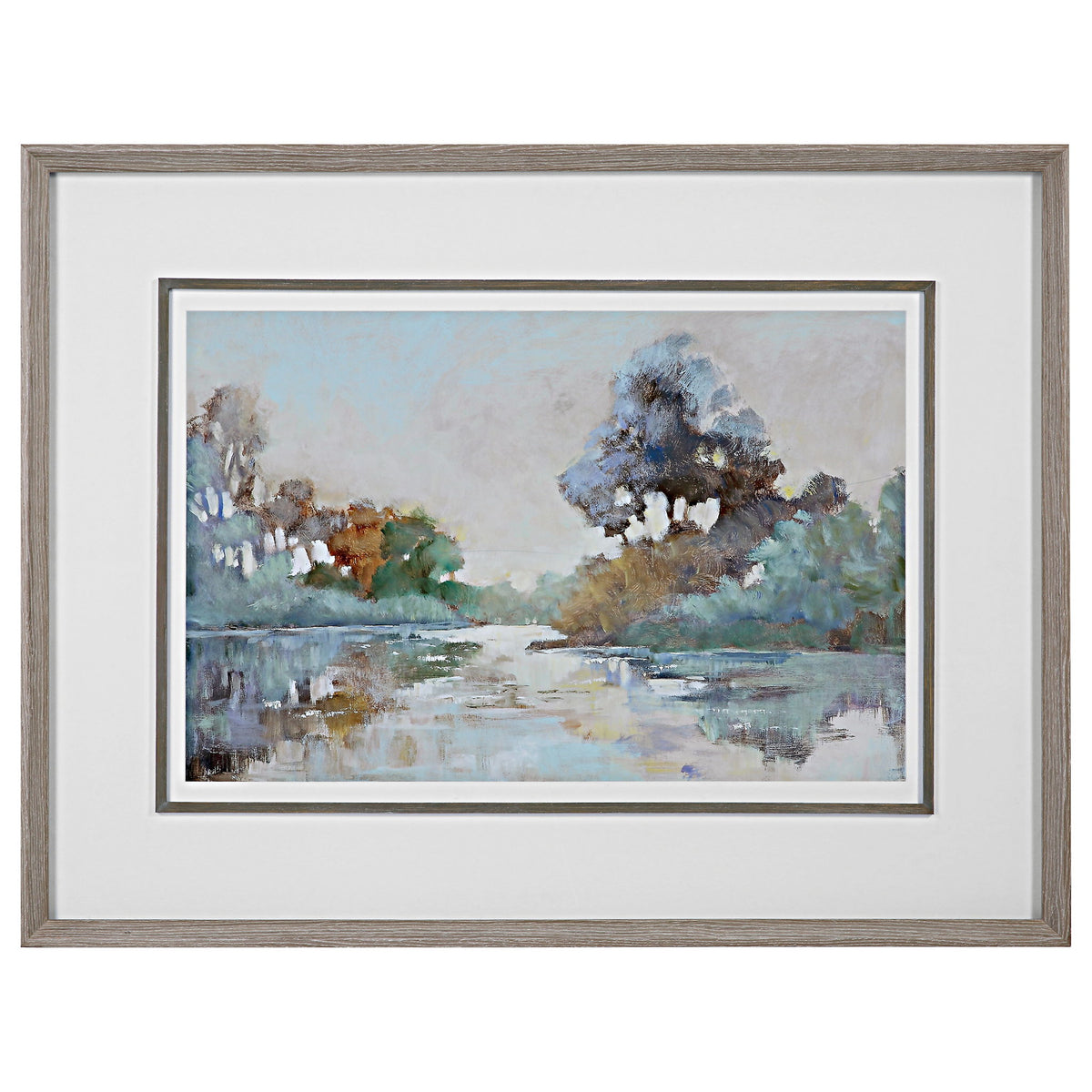Morning Lake - Watercolor Framed Print - Blue
