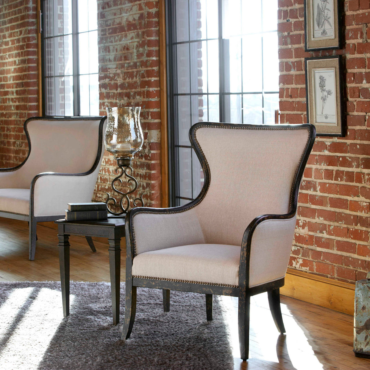 Sandy - Wing Back Armchair - Beige &amp; Dark Brown