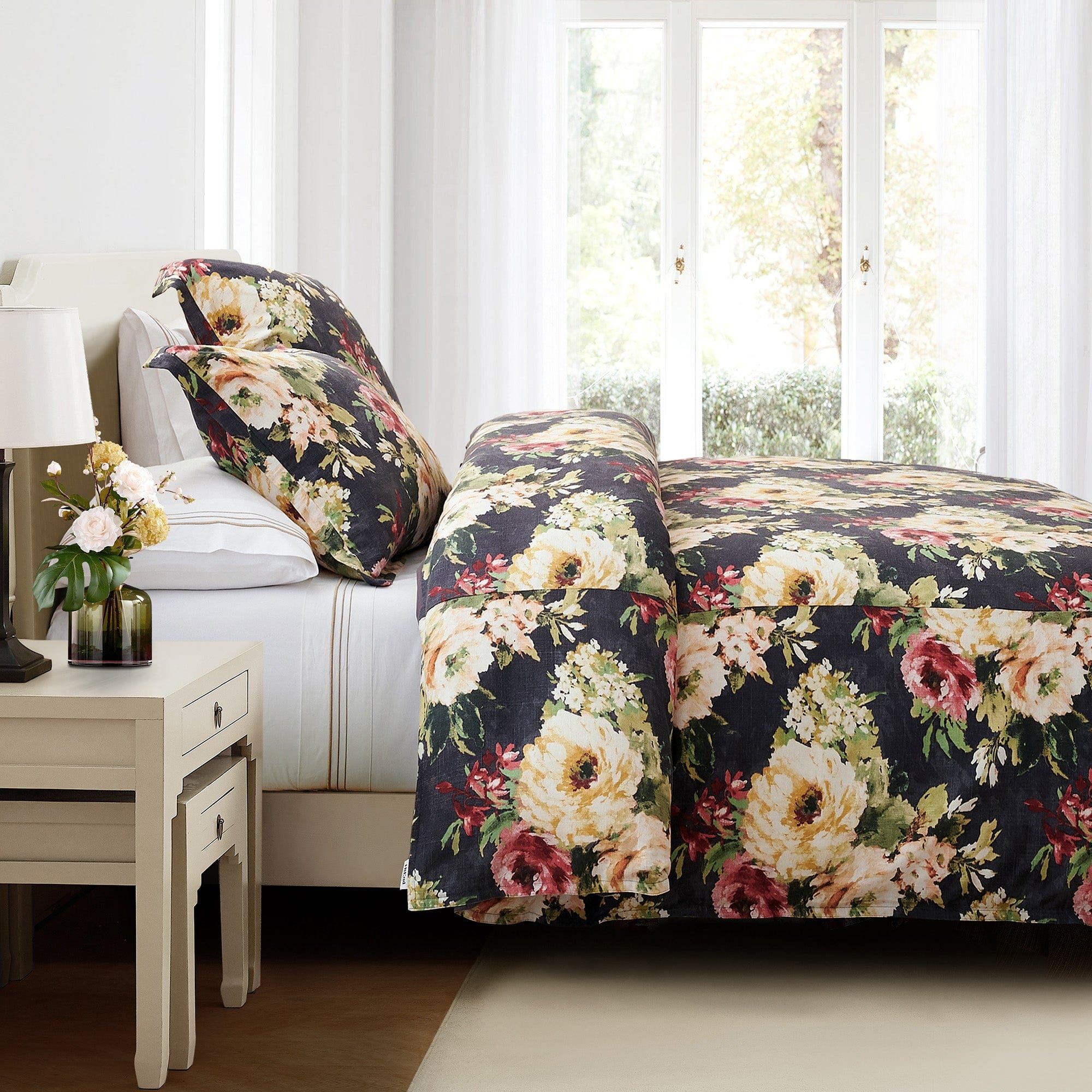 Peony - King Washed Linen Duvet Cover Set (Set of 3) - Charcoal