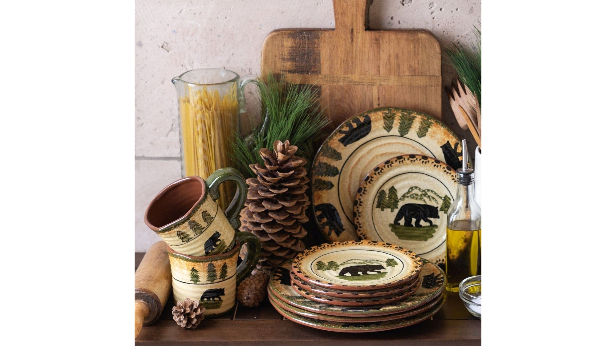 Rustic Bear - Ceramic Dinnerware Set Set of 16 - Multi Color
