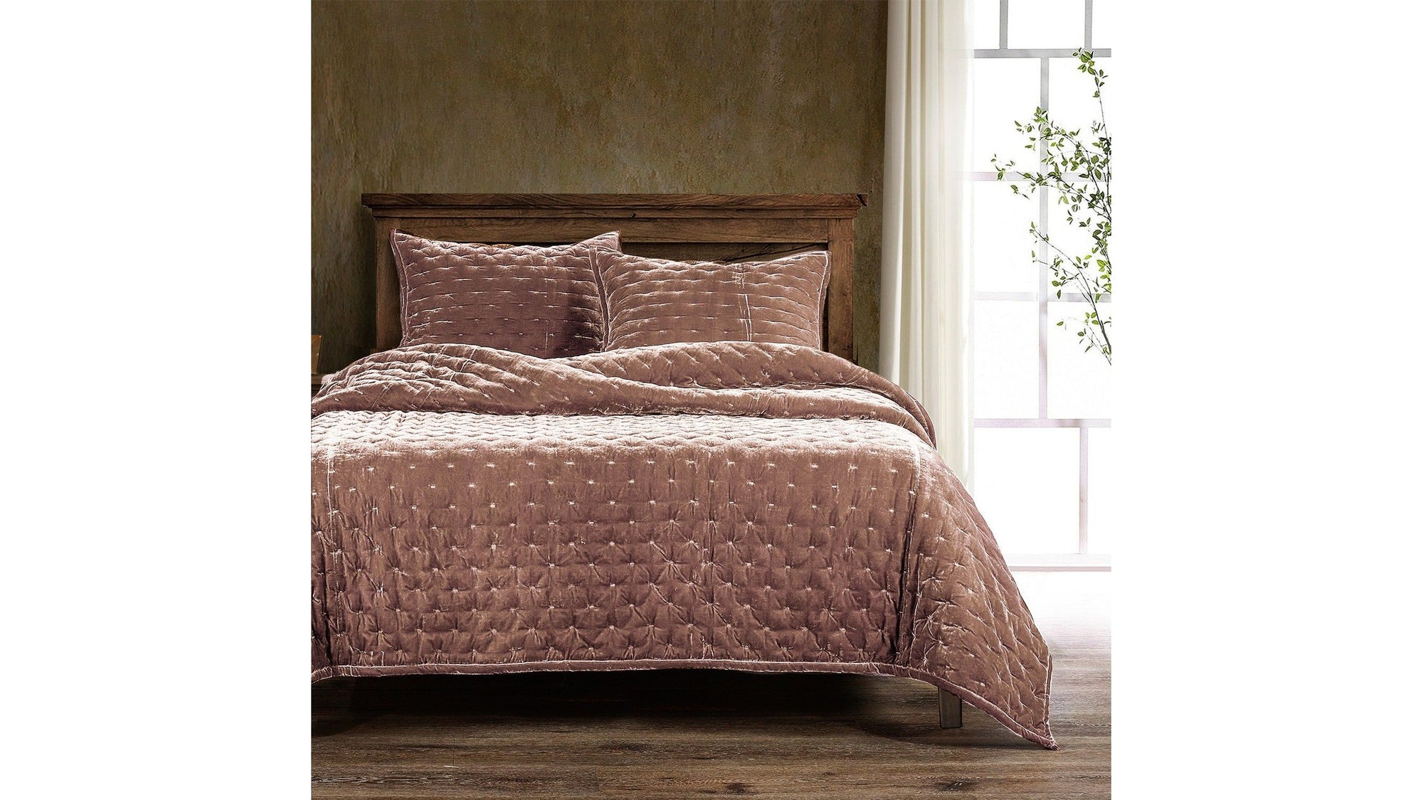 Stella - Full/Queen Faux Silk Velvet Pintuck Quilt Set Set of 3 - Dusty Rose