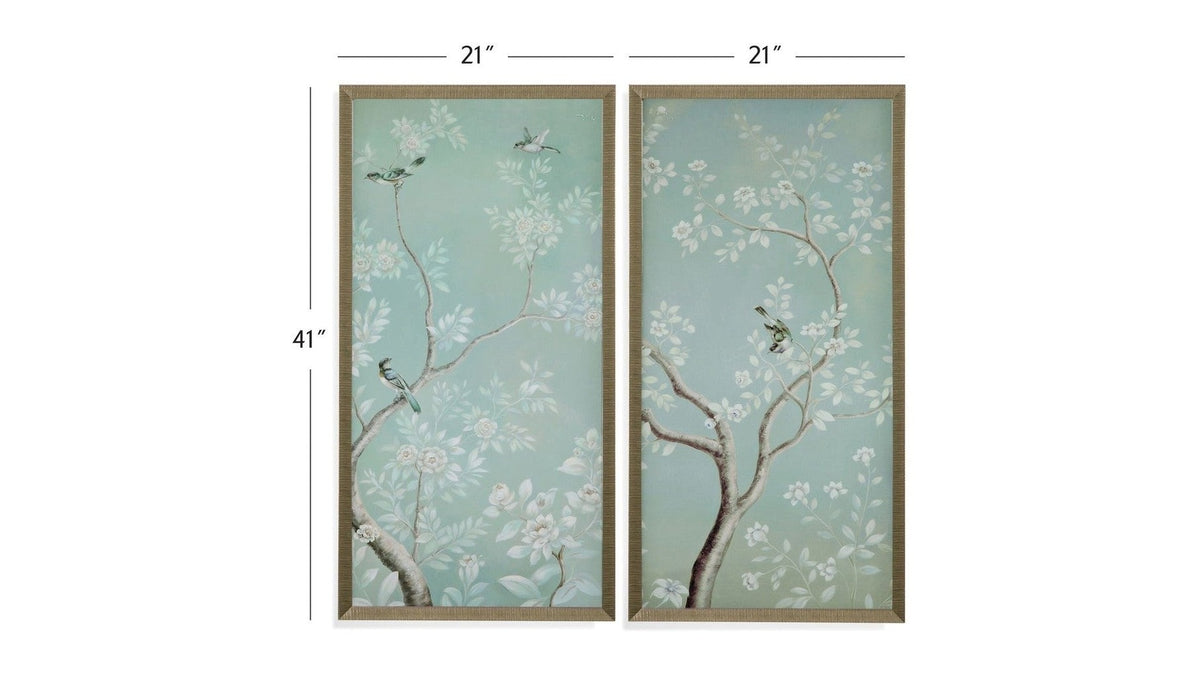 Birds And Flowers Framed Print Set of 2 - Light Blue