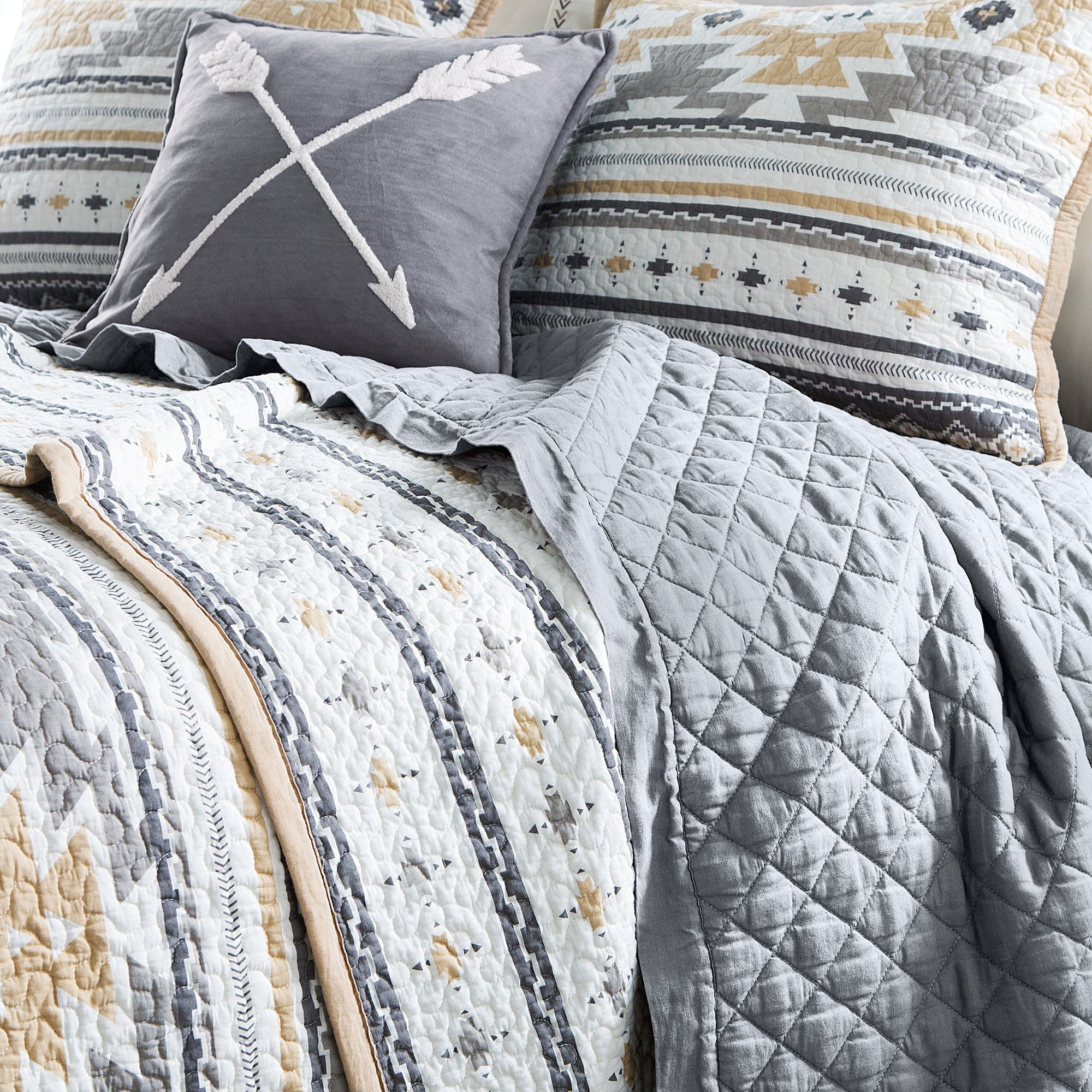 Desert Sage - Full/Queen Reversible Quilt Set (Set of 3) - Tan / White / Gray