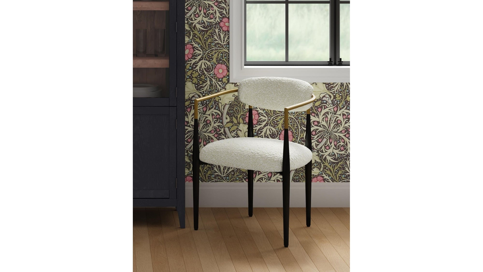 Jenson - White Dining Chair - Semi-Gloss Black /Brushed Gold / Ivory Boucle