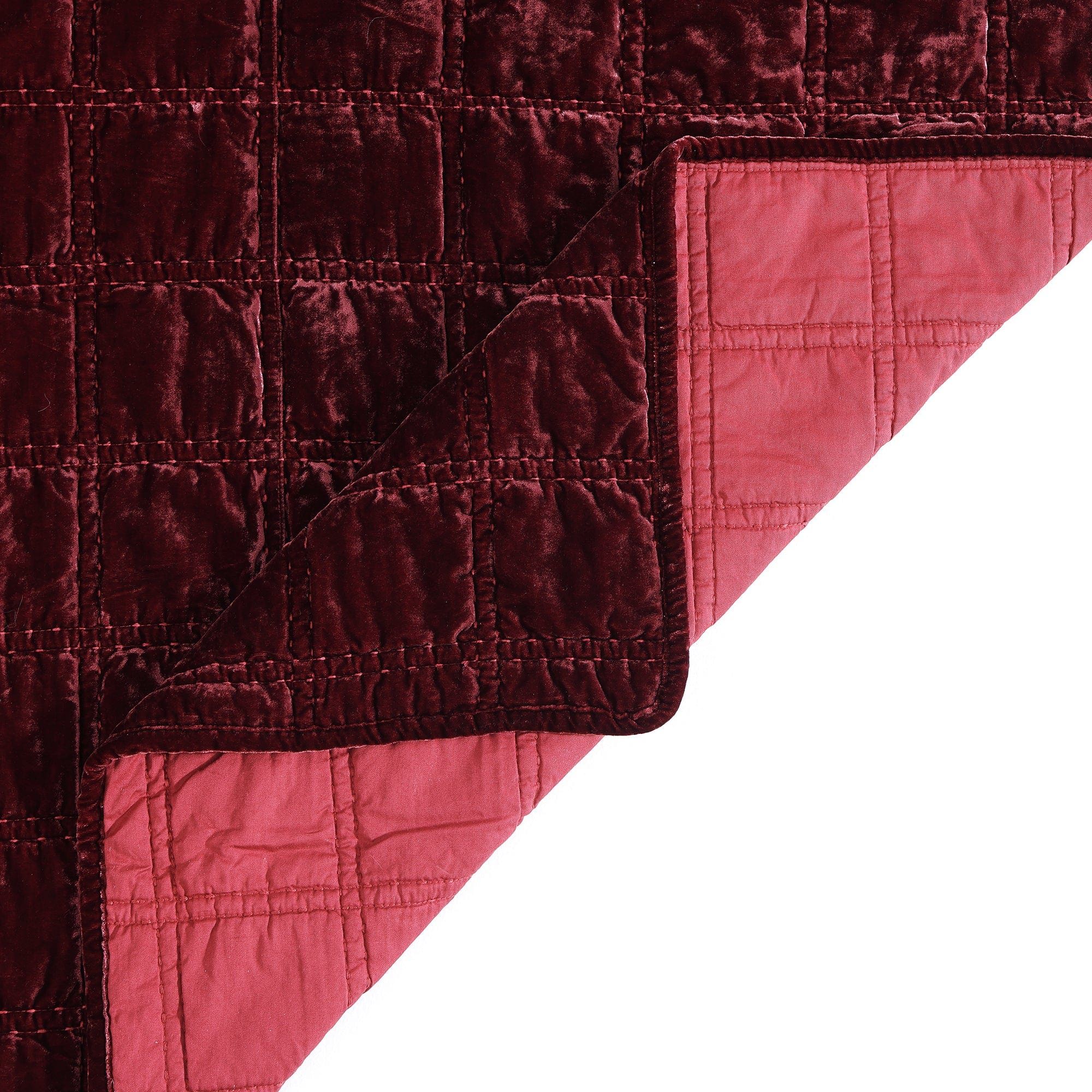 Stella - Full/Queen Faux Silk Velvet Double Box Stitch Quilt Set (Set of 3) - Garnet Red