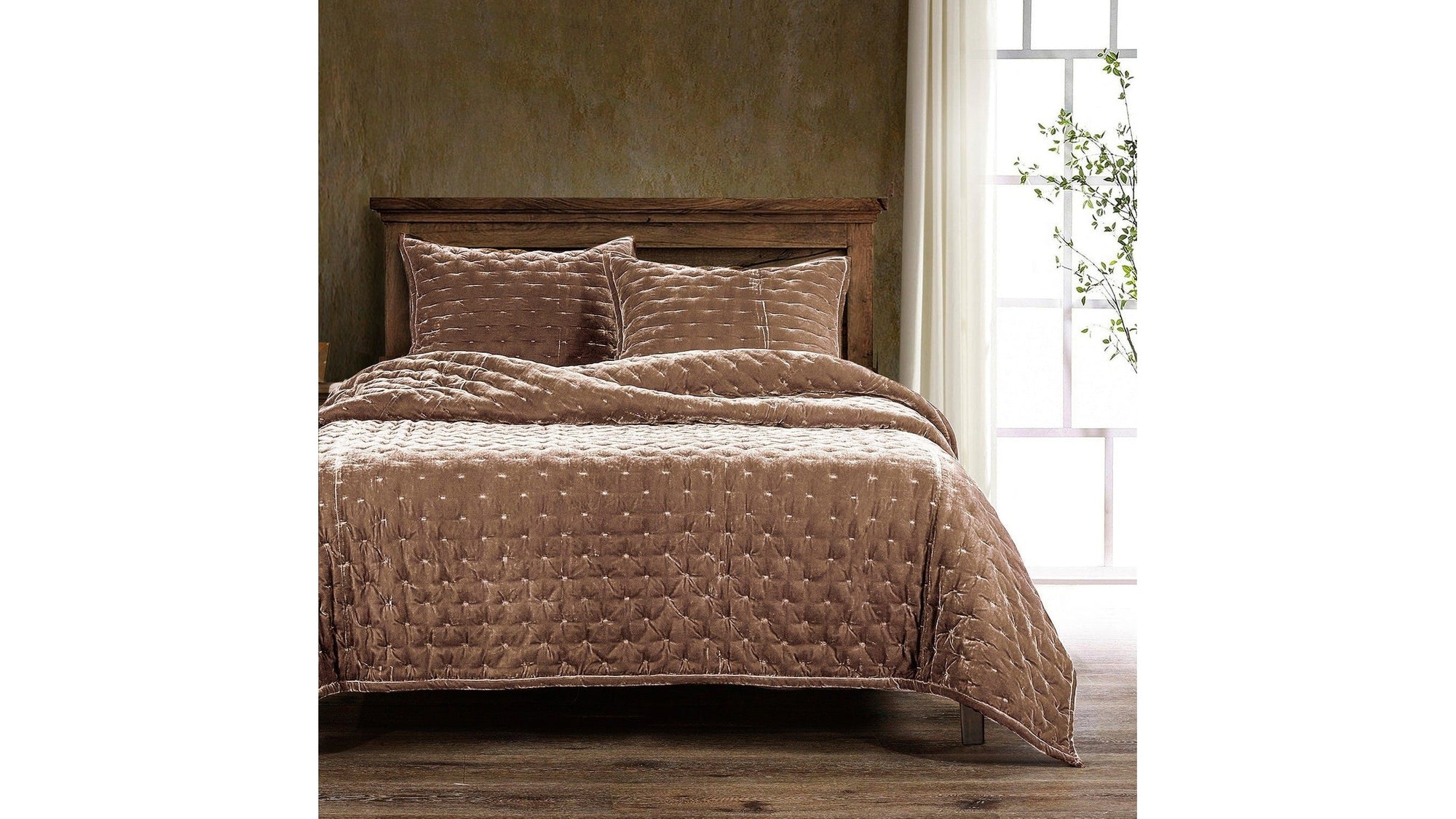 Stella - King Faux Silk Velvet Pintuck Quilt - Dusty Rose