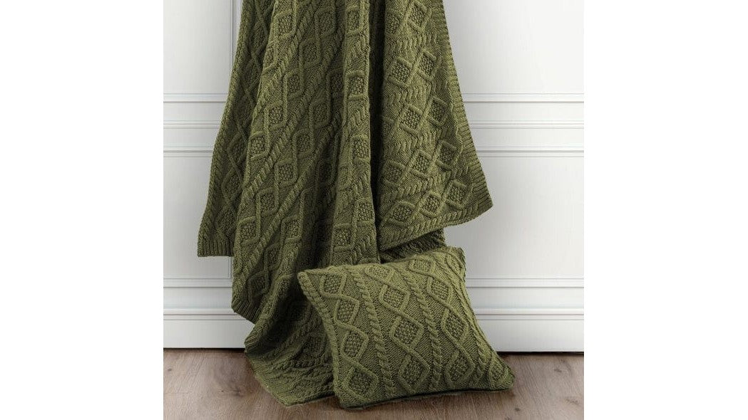 Cable Knit - Soft Wool Throw Blanket - Sage Green