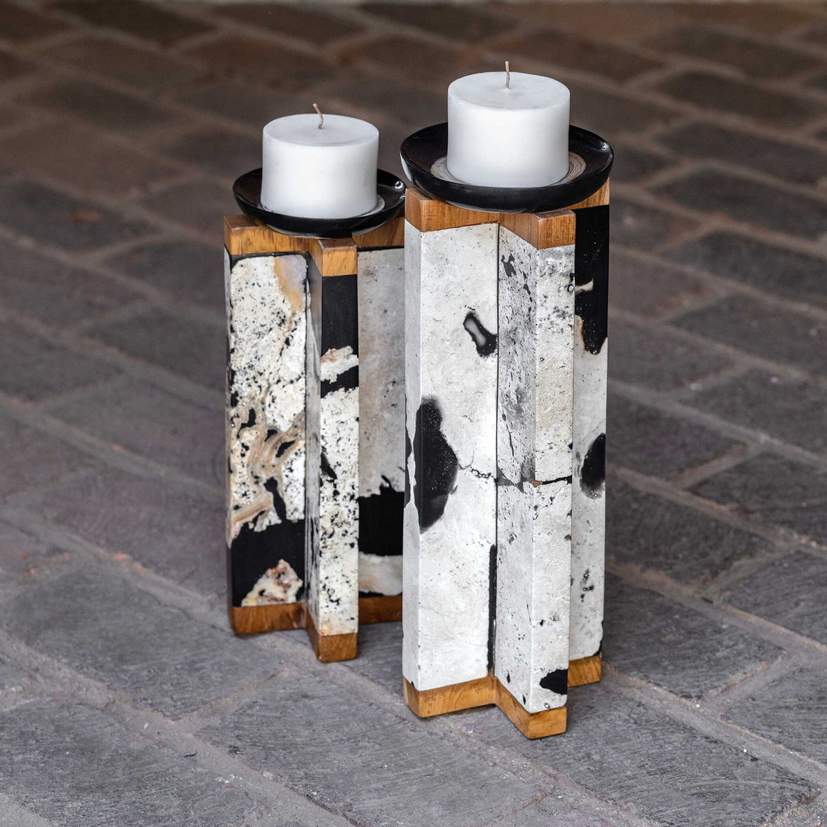 Illini - Stone Candleholders (Set of 2) - Black &amp; White