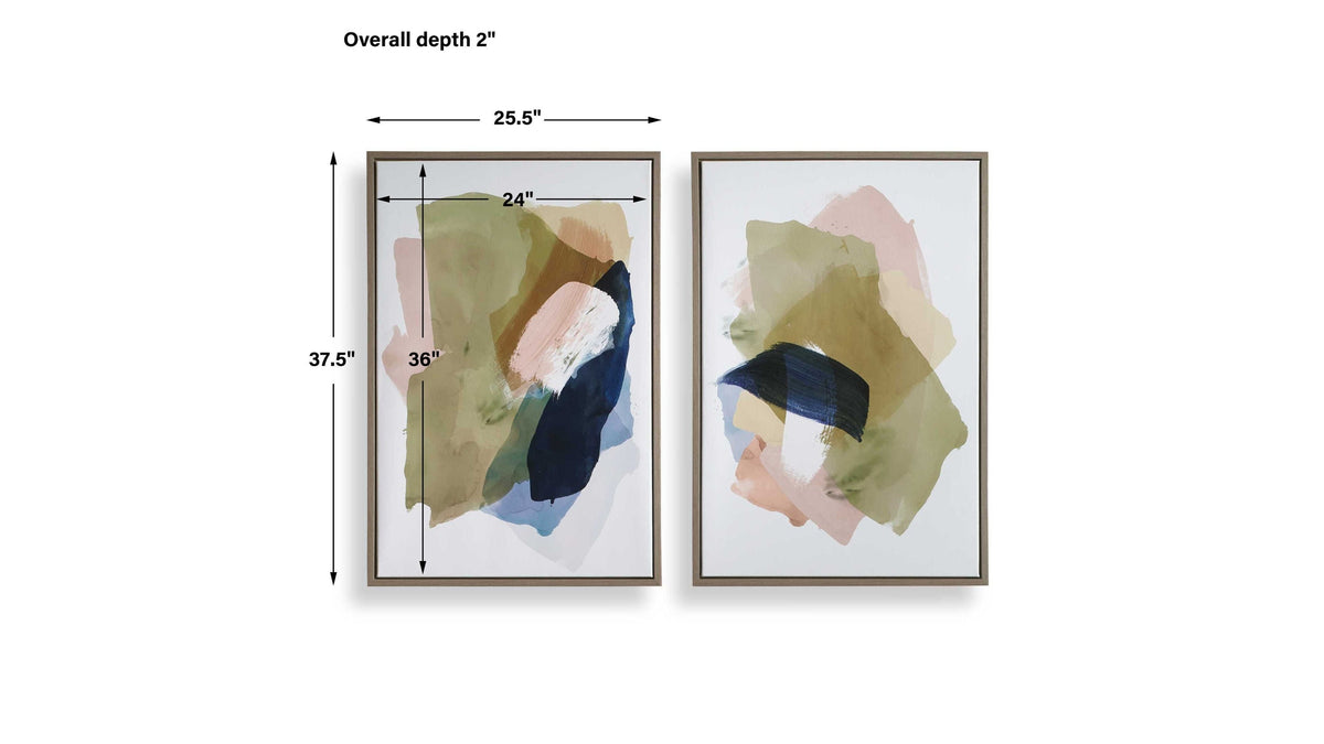 Abstract Afternoon - Framed Canvases (Set of 2) - Blue / Green / Pink / White / Woodtone / Yellow
