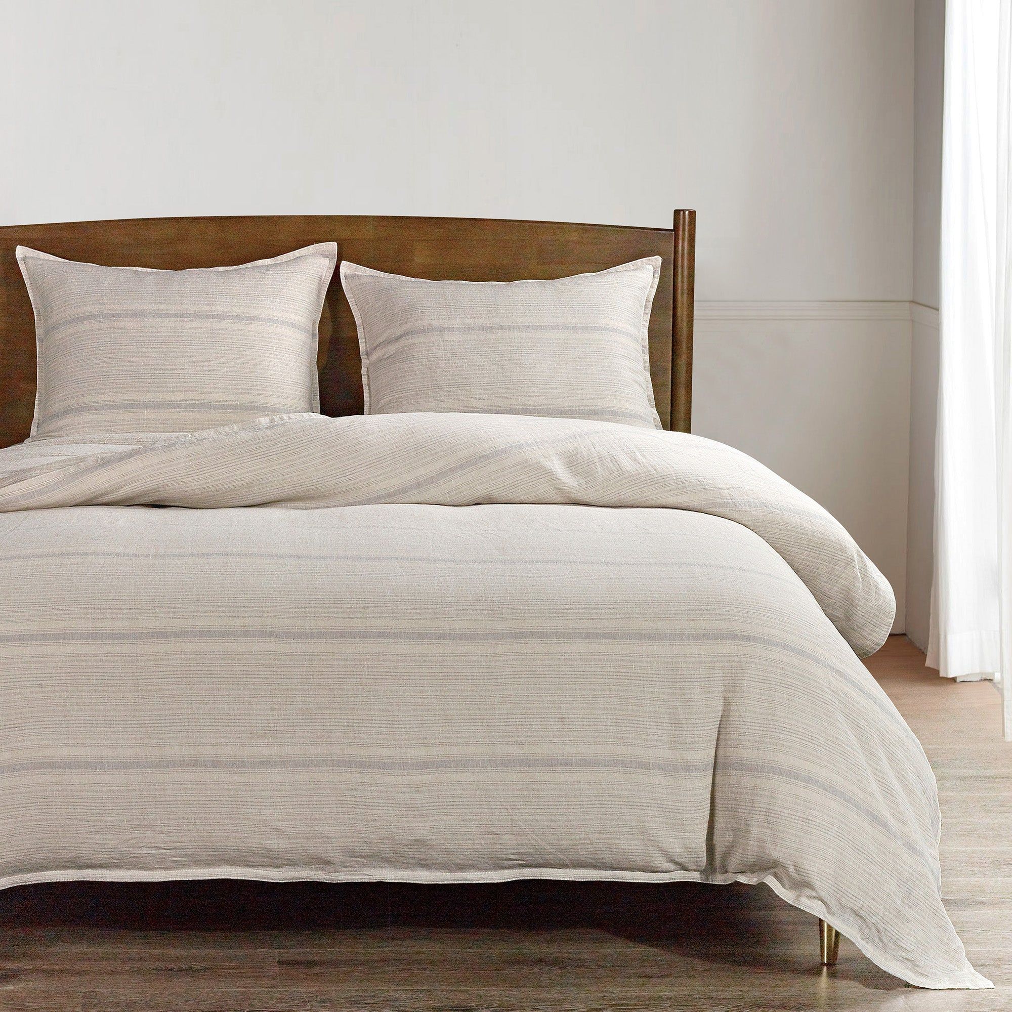 100% French Flax Linen - Queen Variegated Stripe Duvet Cover Set (Set of 3) - Natural / Light Blue