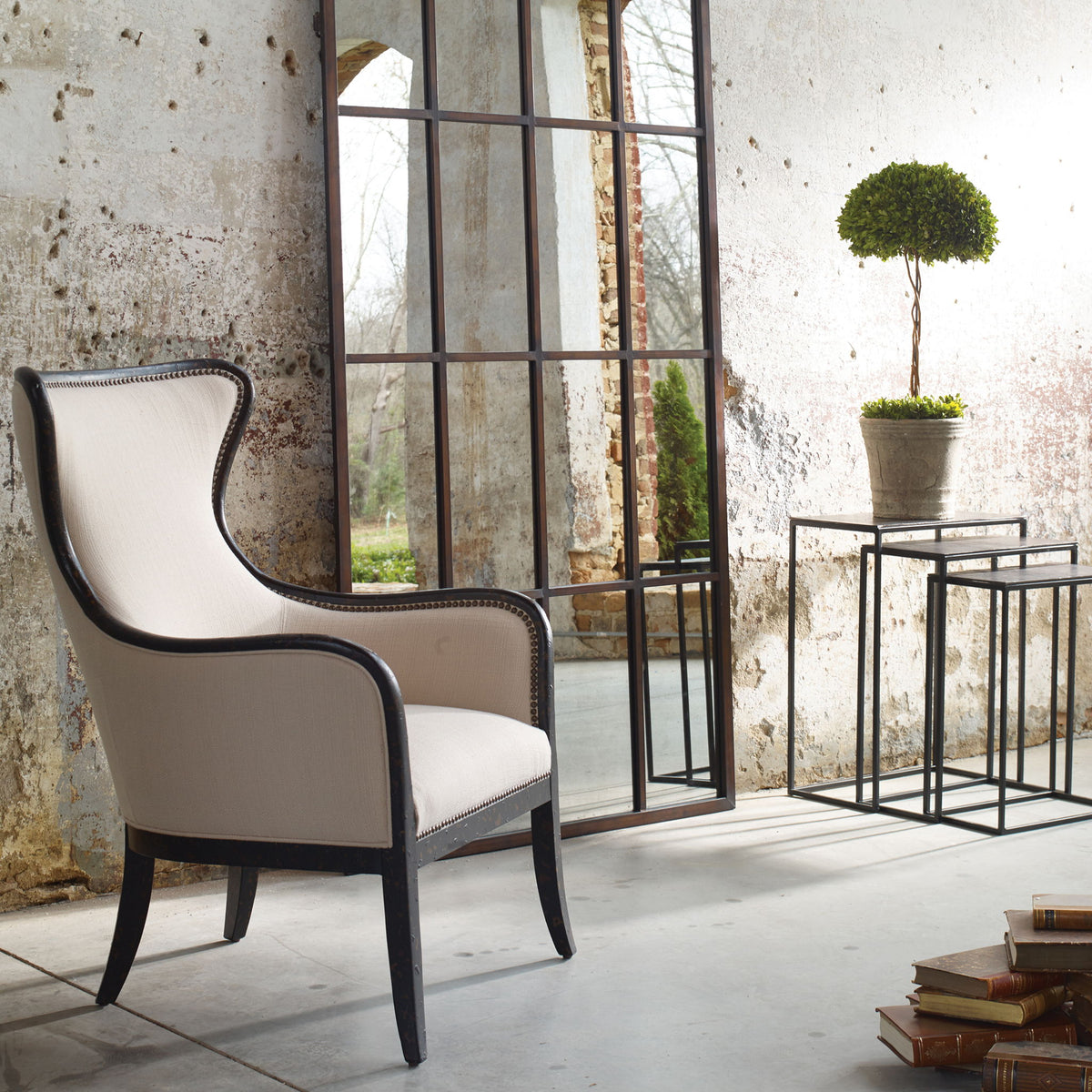 Sandy - Wing Back Armchair - Beige &amp; Dark Brown