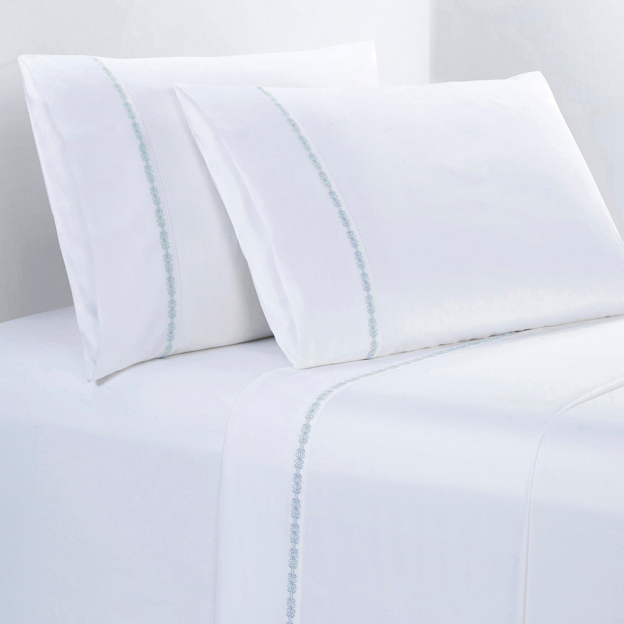 Laurel Sheet - Queen 350TC Laurel Embroidered Border Sheet Set (Set of 4) - Light Blue