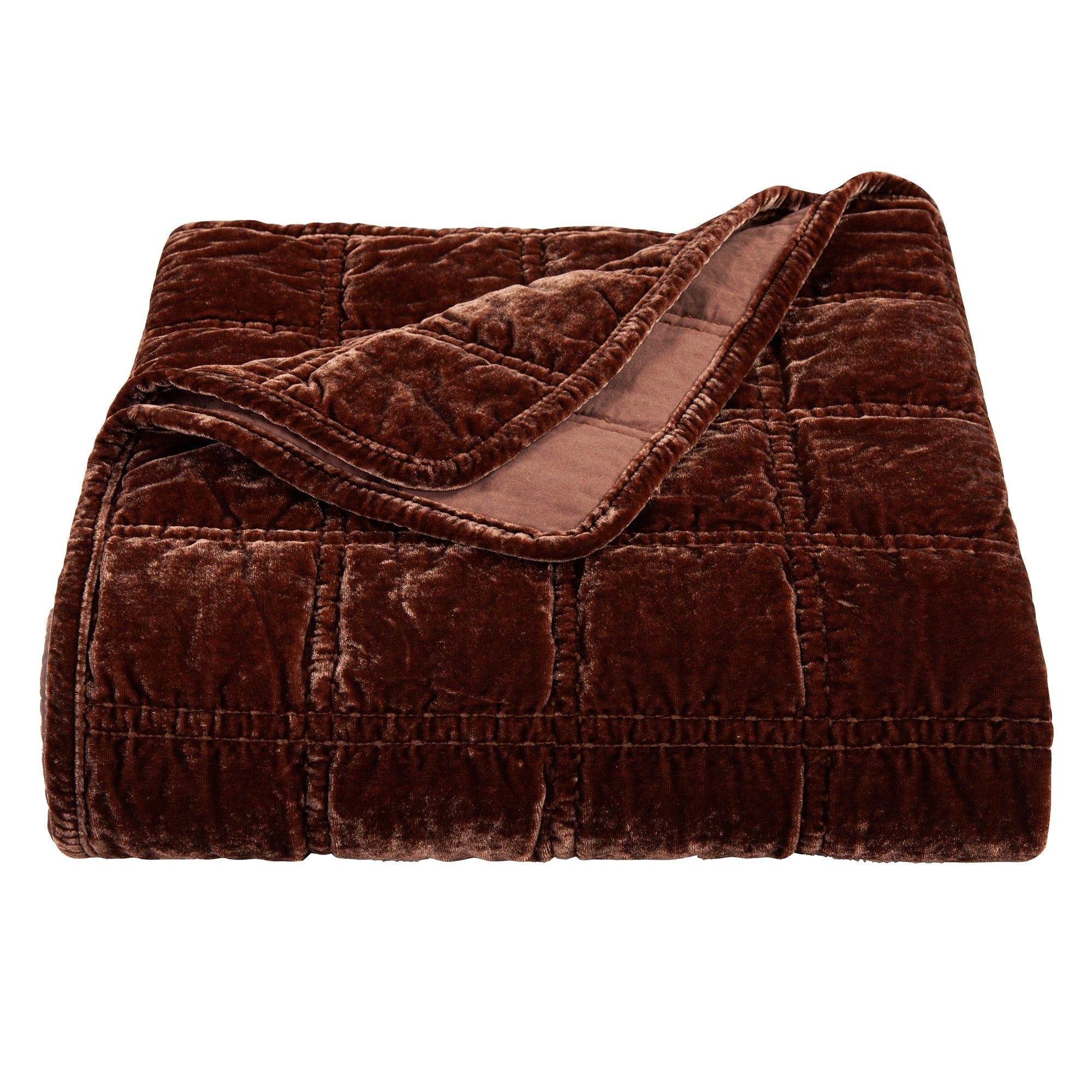 Stella - Faux Silk Velvet Double Box Stitch Throw - Copper Brown