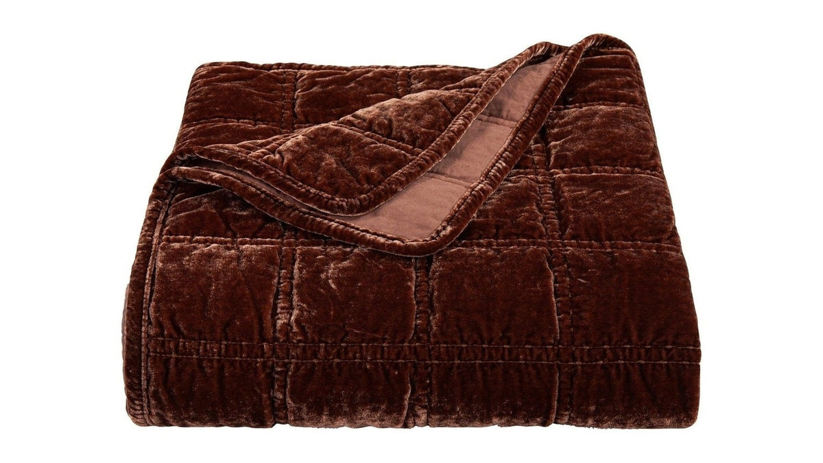 Stella - Faux Silk Velvet Double Box Stitch Throw - Copper Brown