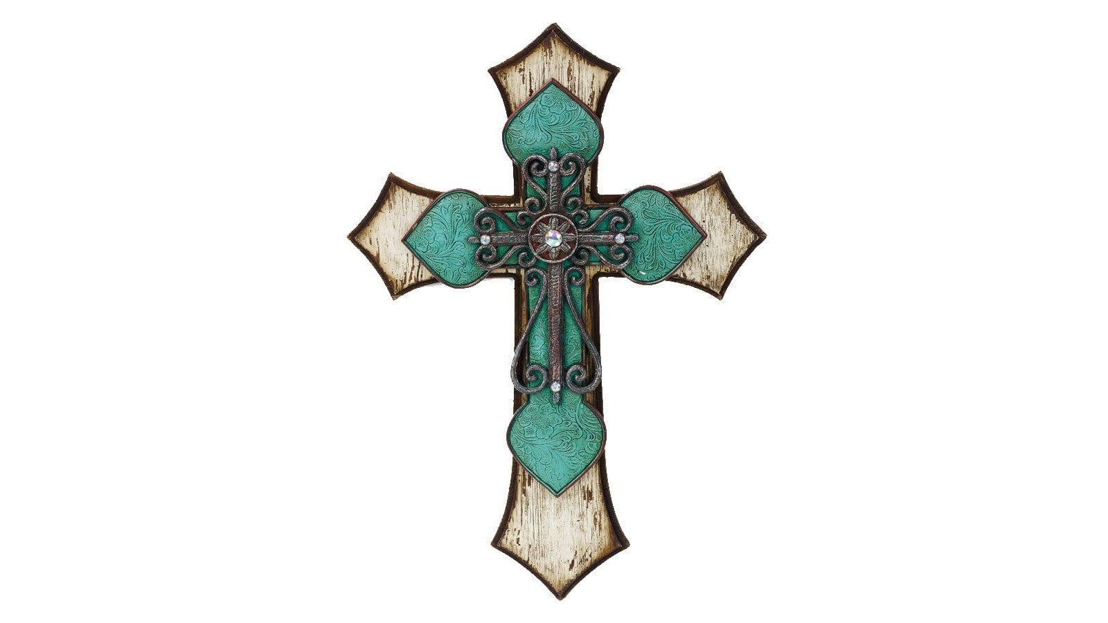 Cross - 22" x 15.5" Triple Layer Cross Wall Décor With Metal Scrollwork 4 Per Carton - Cream / Turquoise