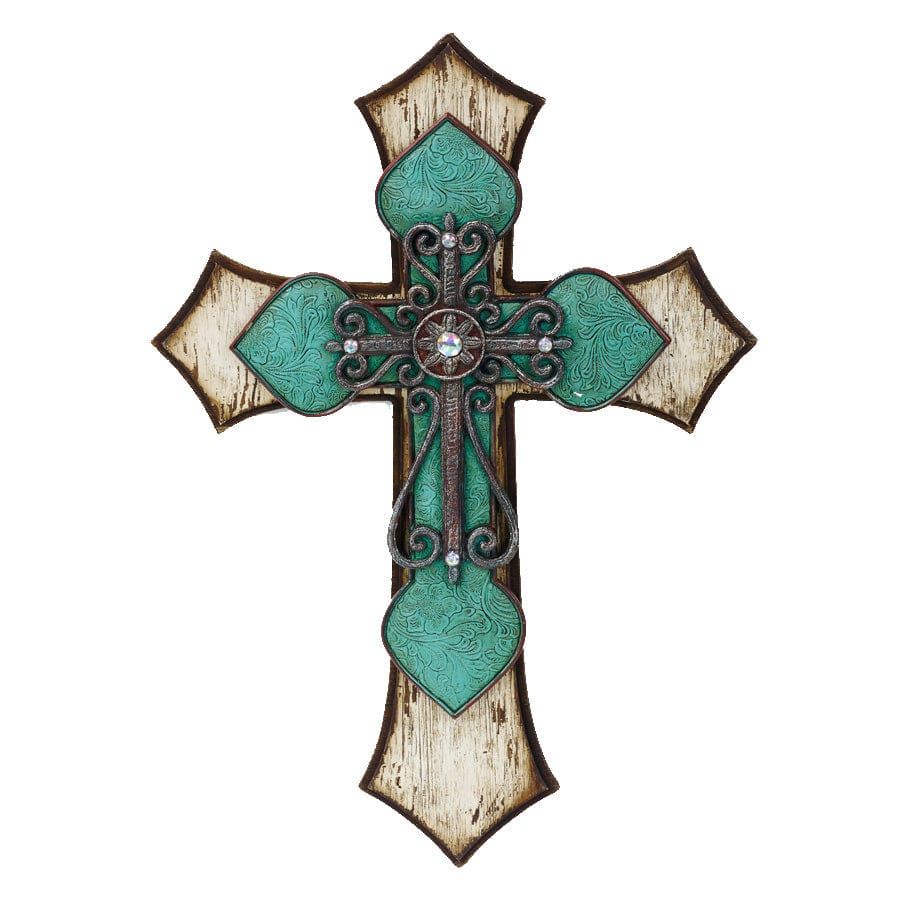 Cross - 22" x 15.5" Triple Layer Cross Wall Décor With Metal Scrollwork 4 Per Carton - Cream / Turquoise