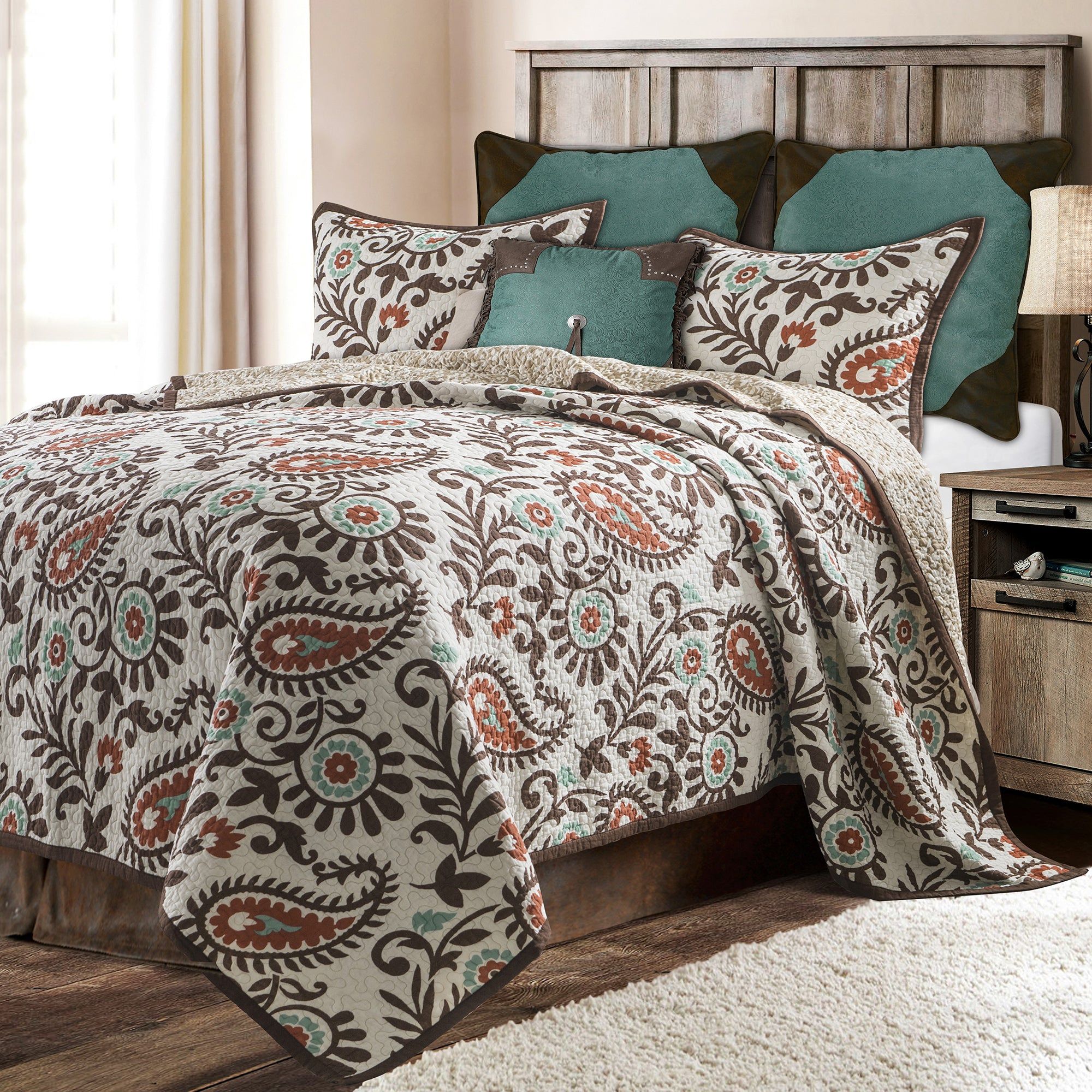 Rebecca - Twin Paisley Reversible Quilt Set (Set of 2) - Turquoise / Brown