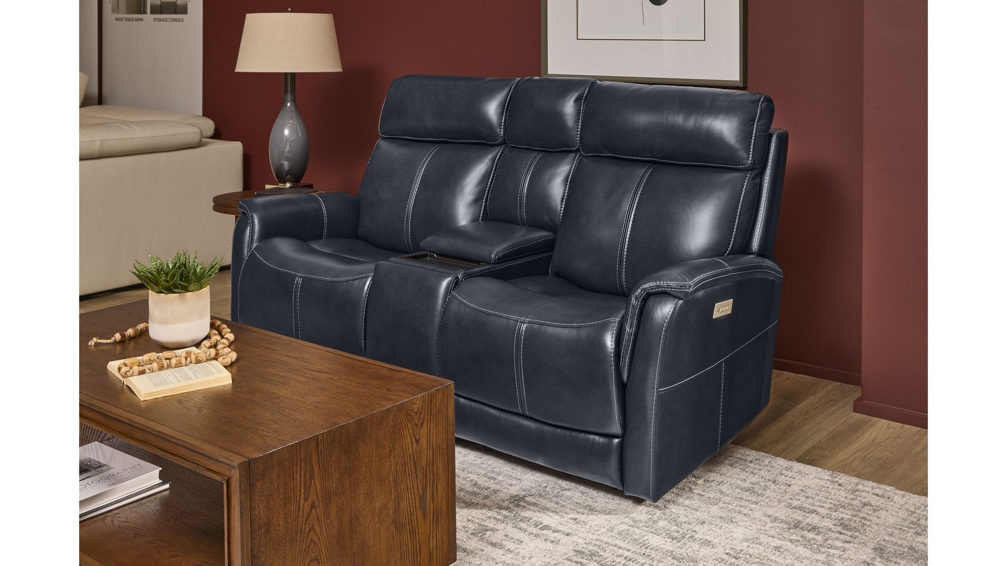 View - Power Reclining Loveseat With Console, Power Headrest &amp; Lumbar